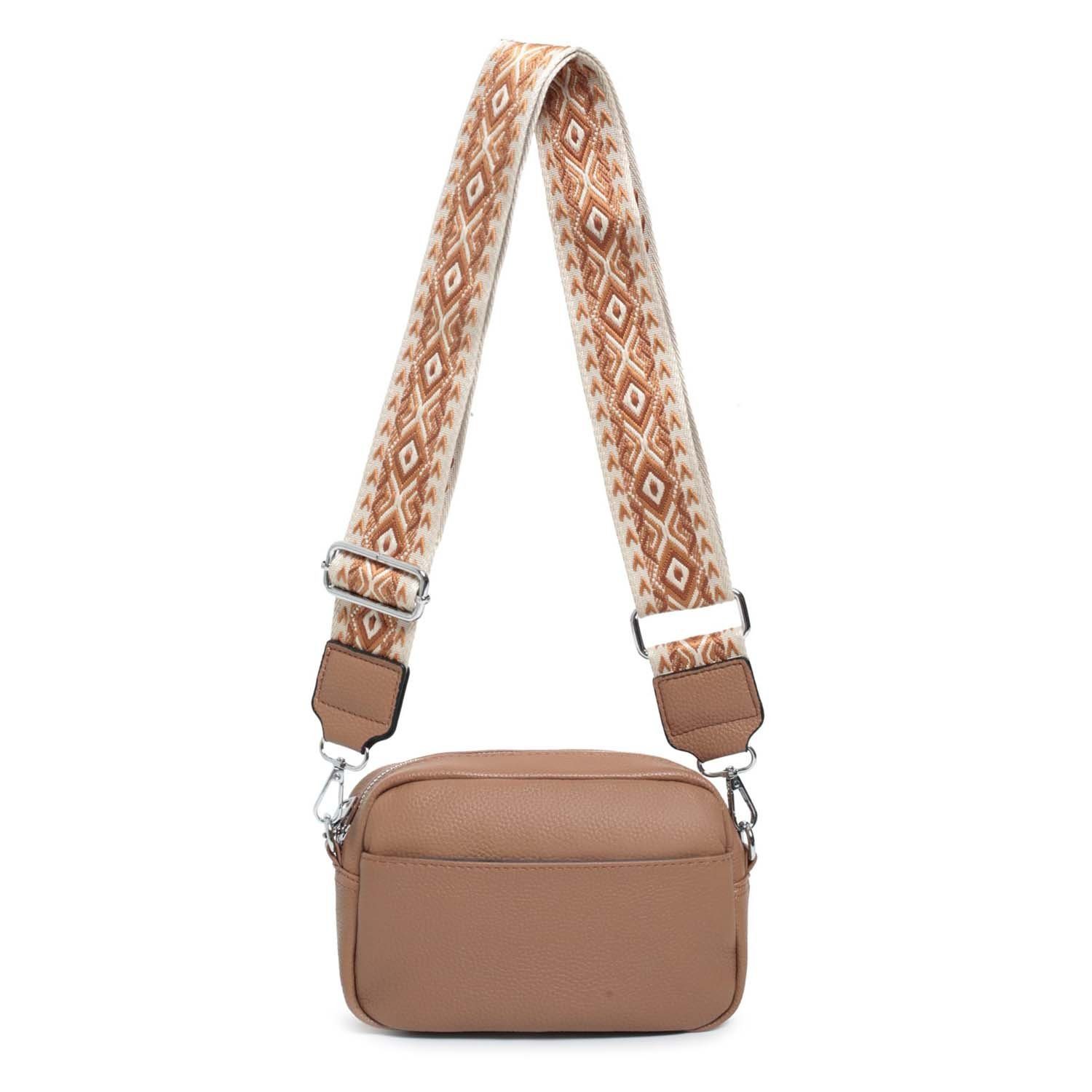 ITALYSHOP24 Schultertasche Damen kleine Umhängetasche CrossBody Crossover Handytasche Geldbörse (Spar-Set aus einer Tasche mit einem breitem Muster Stoffgurt/Umhängeband), Bodybag, Brusttasche, Hüfttasche, Muster Taschengurt, leicht Gewicht