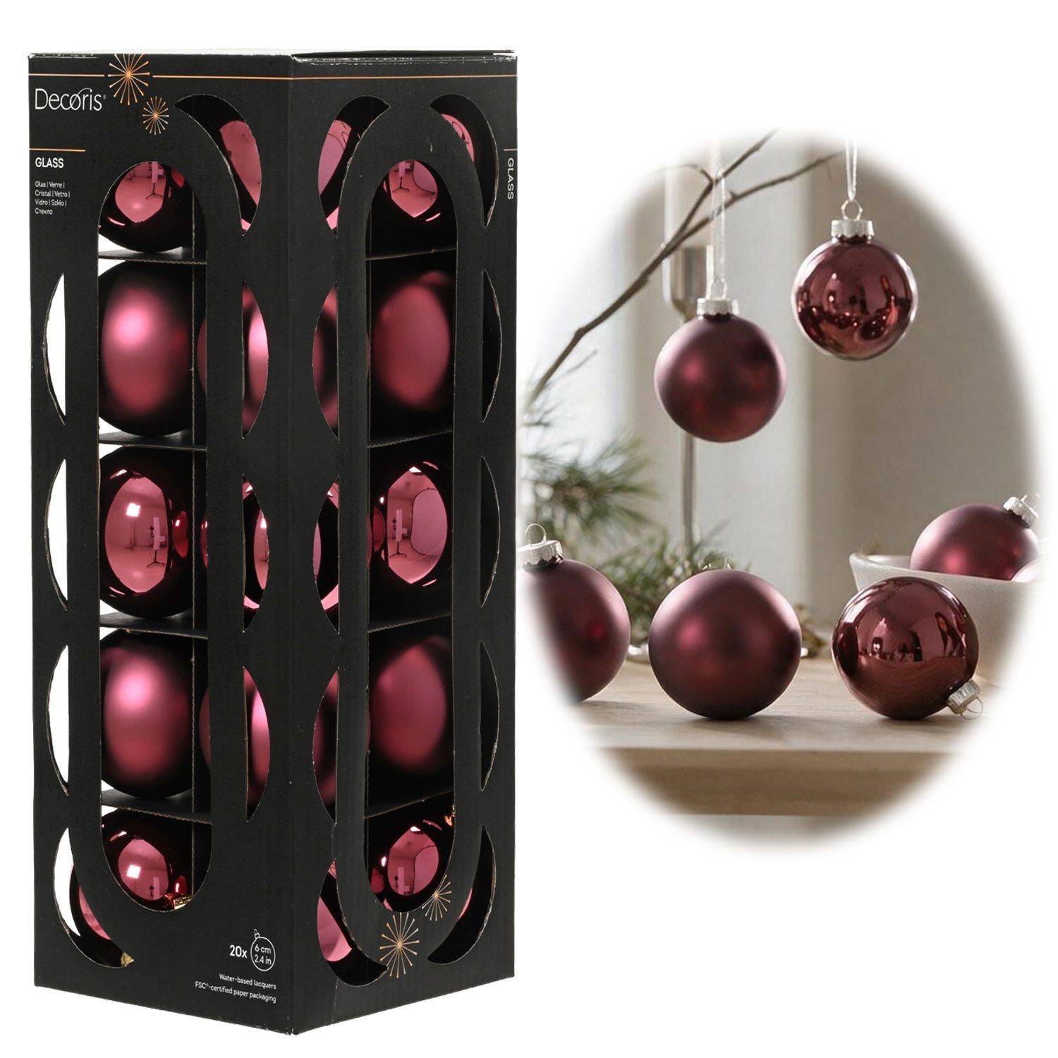 LS-LebenStil Weihnachtsbaumkugel 18-20 Design Glas Weihnachtskugeln 6cm Rosa Dunkelrosa Christbaum Deko (18 St), Edle Weihnachtsdeko Matt / Glänzend Weihnachtsbaumschmuck Deko Kugeln