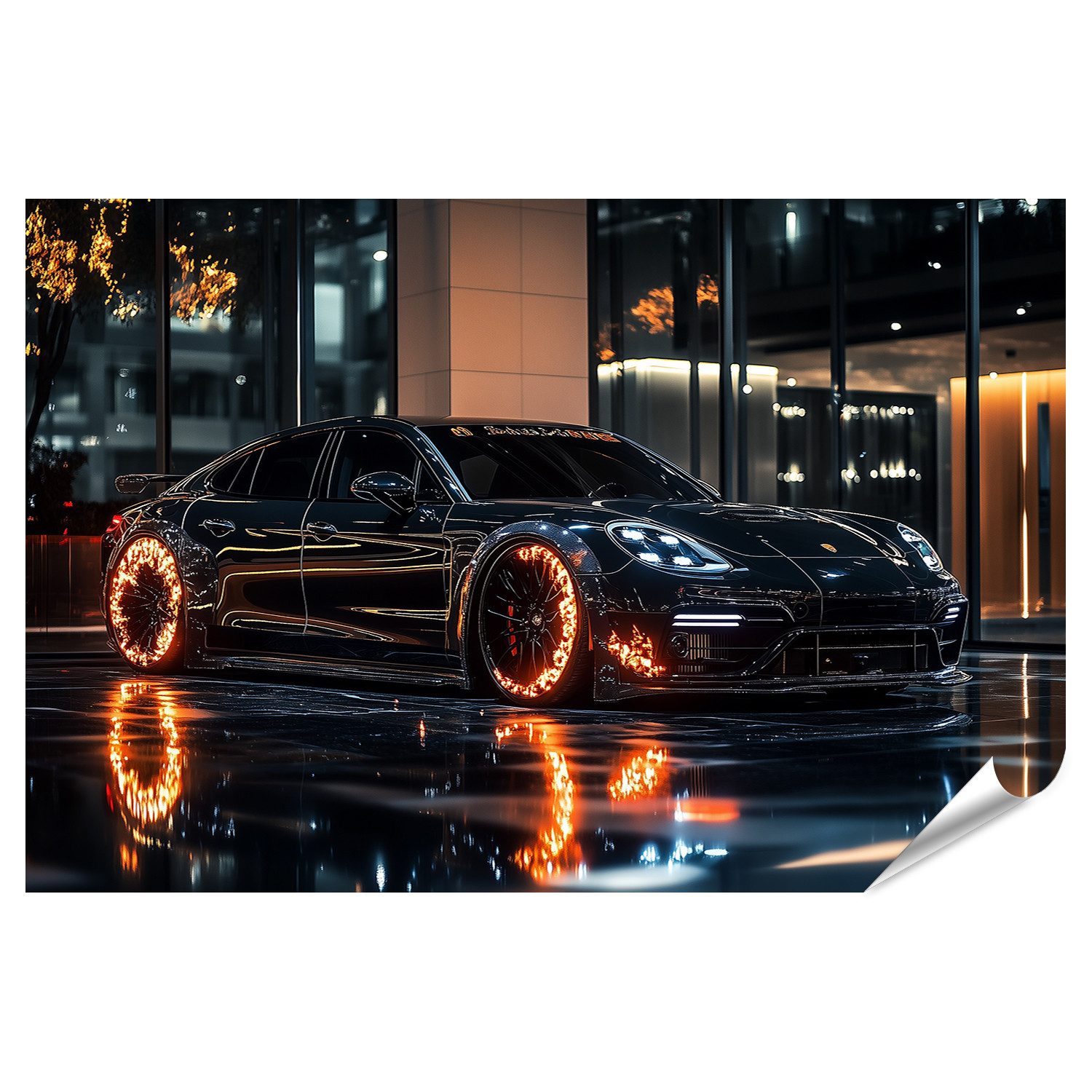 islandburner Poster, Schwarzes Auto mit leuchtenden Rädern bei Nacht günstig online kaufen