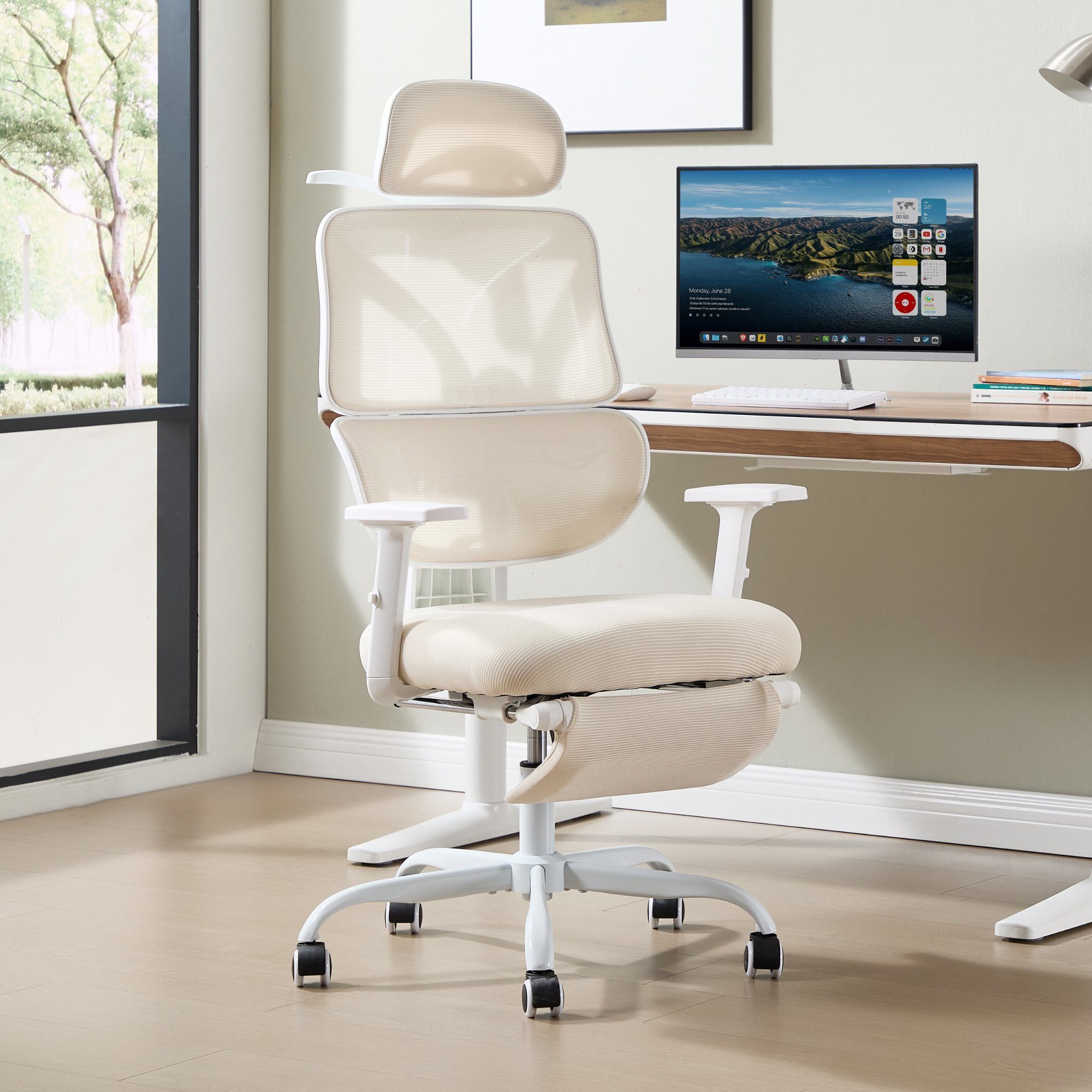 UEV Bürostuhl ergonomisch mit Fußstütze Mesh neigbar bis 135°,atmungsaktiver Stoff (Packung), Verstellbarer Kopfstütze/Armlehnen/Dynamischer Lordosenstütze – Bild 3 von 5