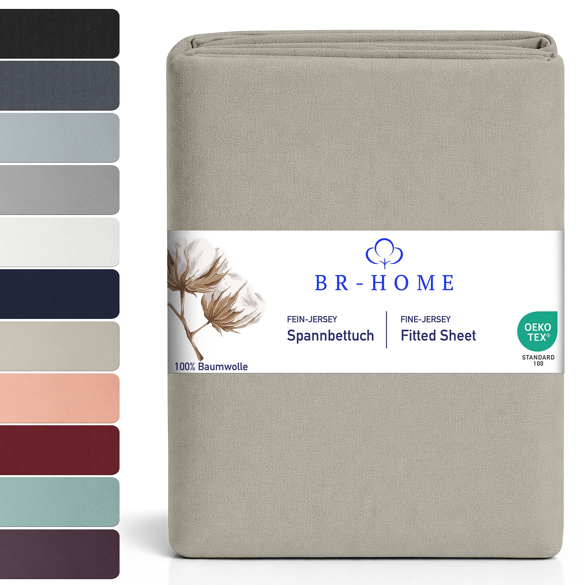 BR-Home Spannbettlaken bis zu 25cm, 100% Baumwolle Jersey Bettlaken, Spannbetttuch 145 g/m², Gummizug: rundum, (1 Stück), Rundumgummi, Atmungsaktiv