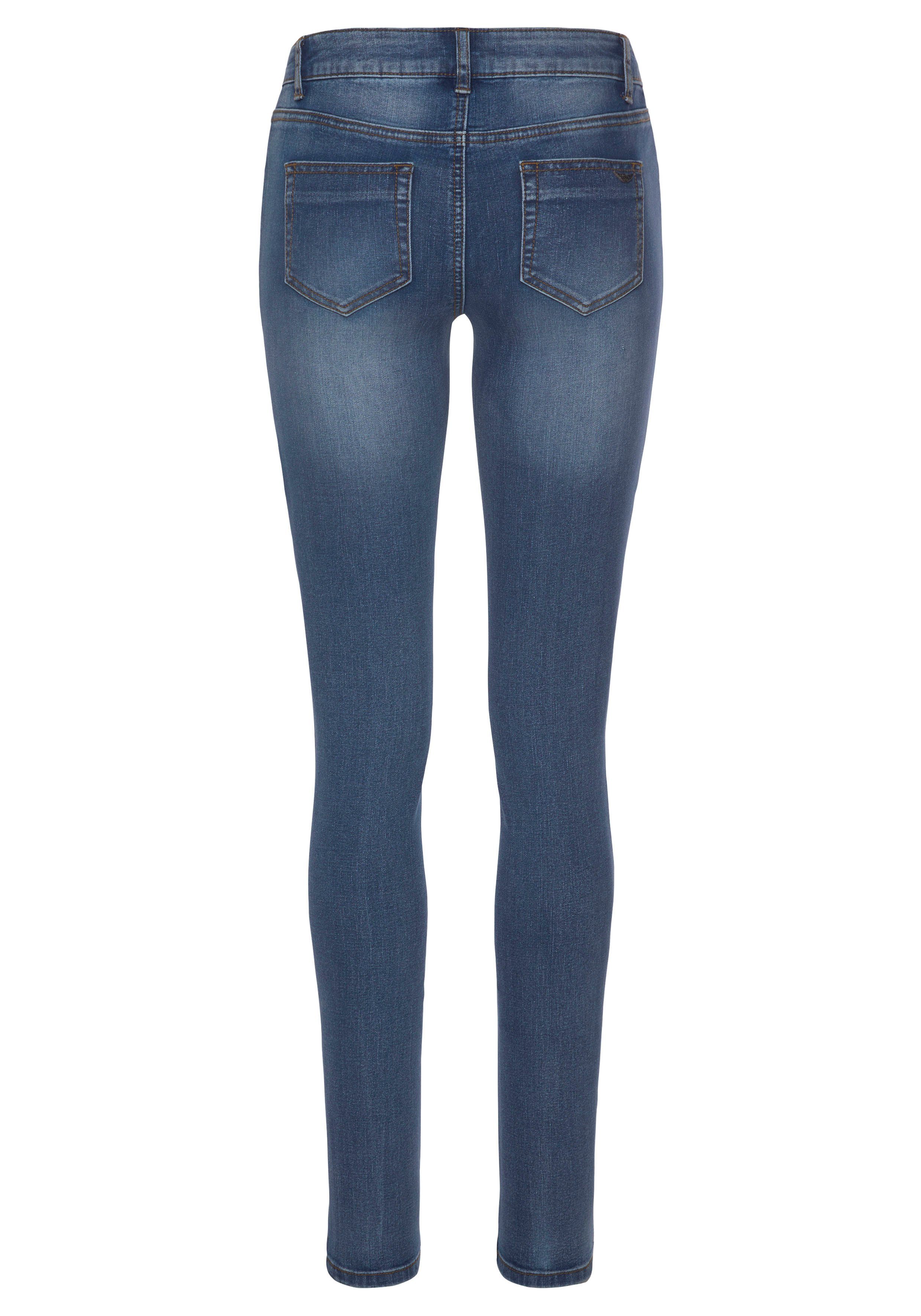 mid-blue-used Skinny-fit-Jeans mit Waist Arizona Low Keileinsätzen