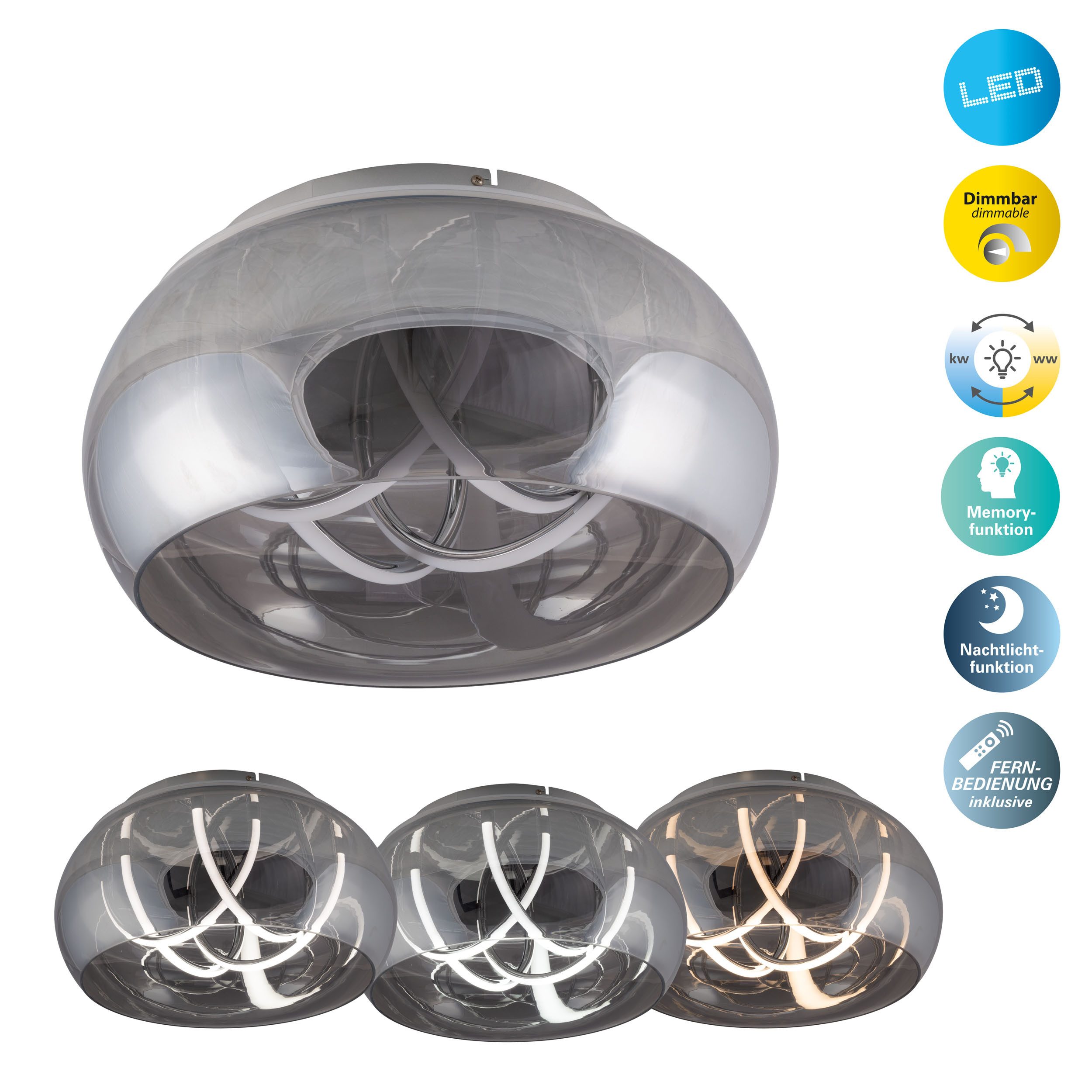 näve LED Deckenleuchte Malou, CCT - über Fernbedienung, Dimmfunktion, Memoryfunktion, Nachtlichtfunktion, dimmbar über Fernbedienung, LED fest integriert, warmweiß - kaltweiß, CCT, Memory, Nachtlicht, dimmbar, Funkfernbedienung, Glas smokey