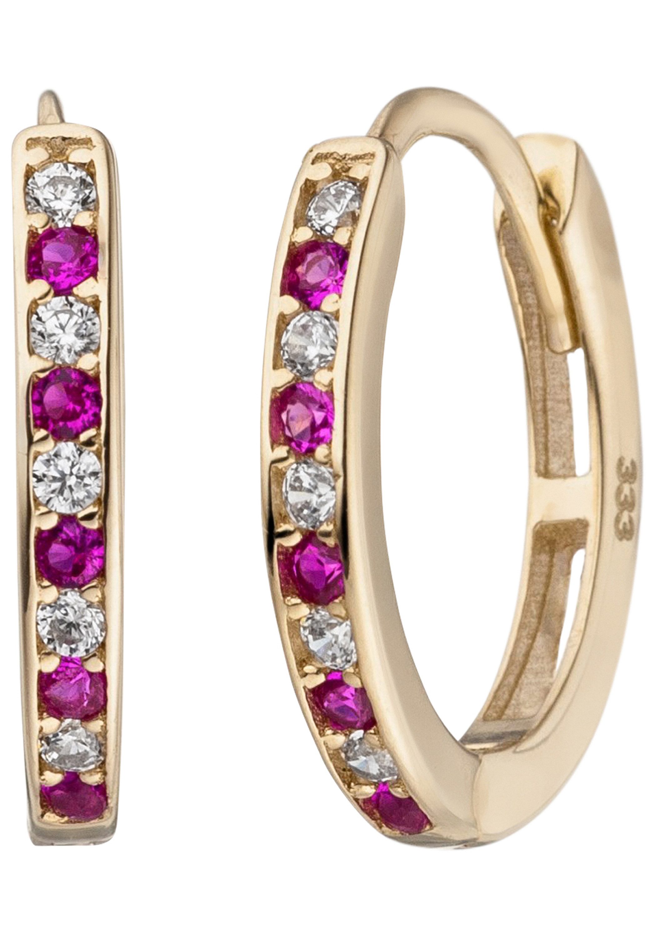 JOBO Paar Creolen Ohrringe mit 20 Zirkonia rot weiß, 333 Gold