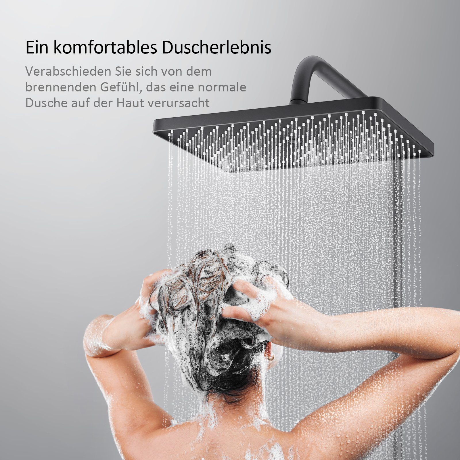 EMKE Duschsystem EMKE Duschsystem eckig mit Regendusche, Kopfbrause und Thermostat, Höhe 82 cm, 3 Strahlart(en), Wasserfall-Auslauf, Duschsäuleset Duschgarnitur mit glasablage