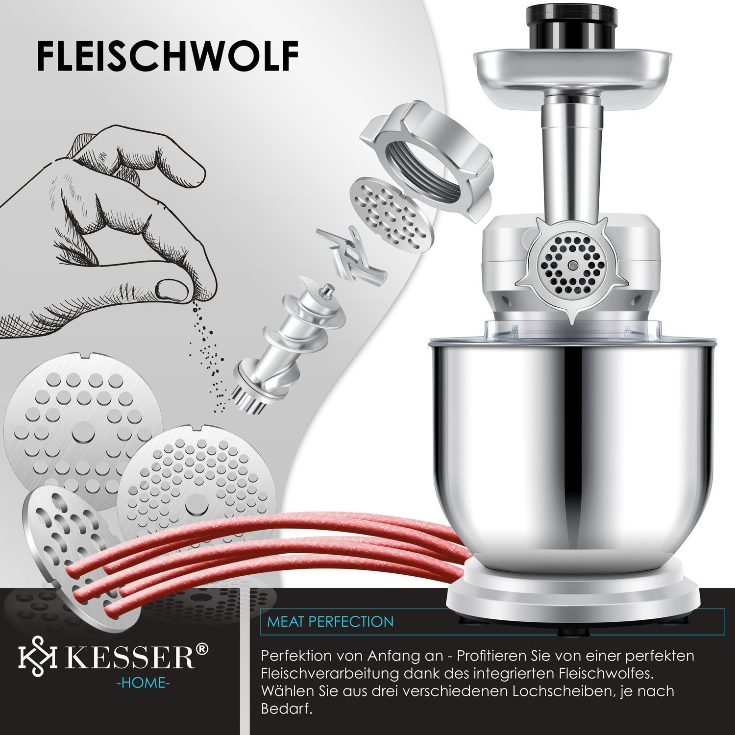 KESSER Küchenmaschine, Universal Küchenmaschine K-KM 3000 mit Fleischwolf Knetmaschine 5,5L