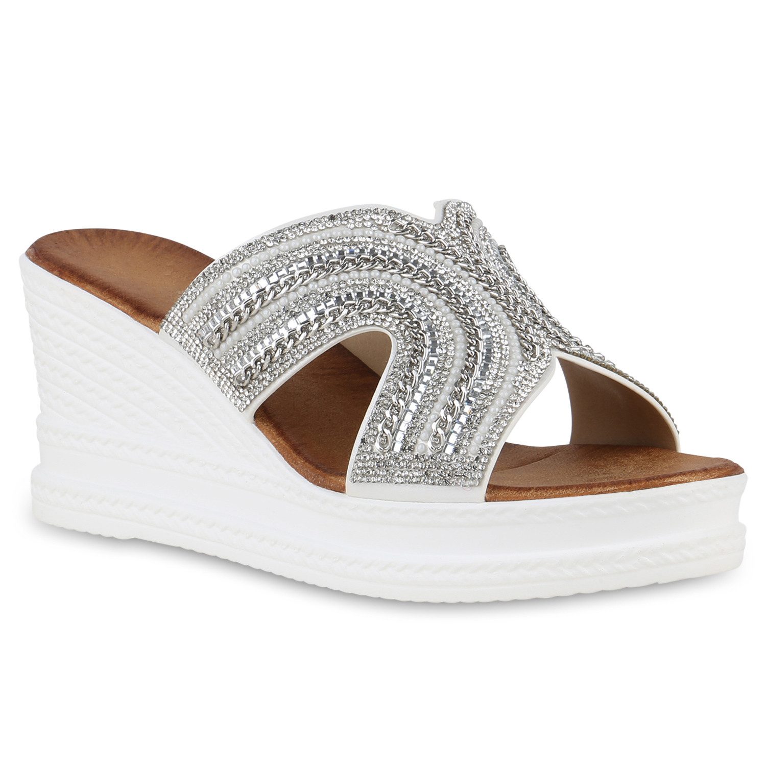 VAN HILL 840997 Sandalette Damen Pantoletten Sandaletten Strass Ketten Plat günstig online kaufen