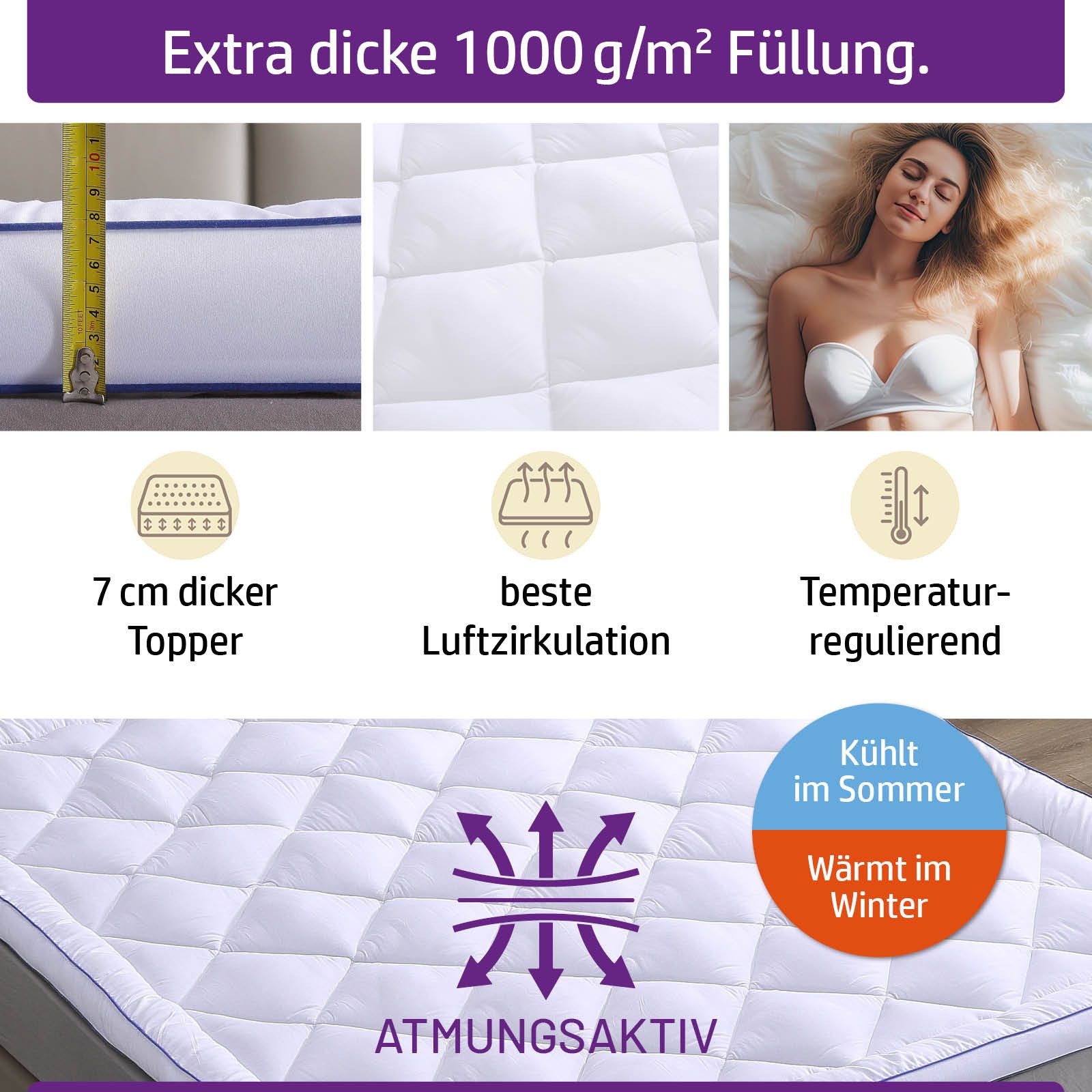 AMBINESS, Topper Matratzentopper Jacquard 80x200cm - 180x200cm, 7 cm hoch, Polyester, beste Luftzirkulation, temperaturregulierend Maschinenwaschbar
