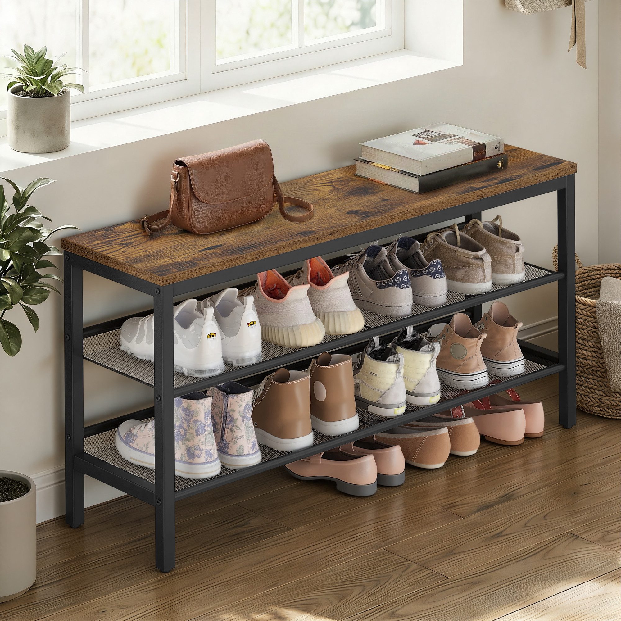VASAGLE Schuhbank Schuhregal mit 3 Ebenen, Schuhablage im einteiligen Design, Industrie-Stil, einfache Montage, 28 x 100 x 50 cm
