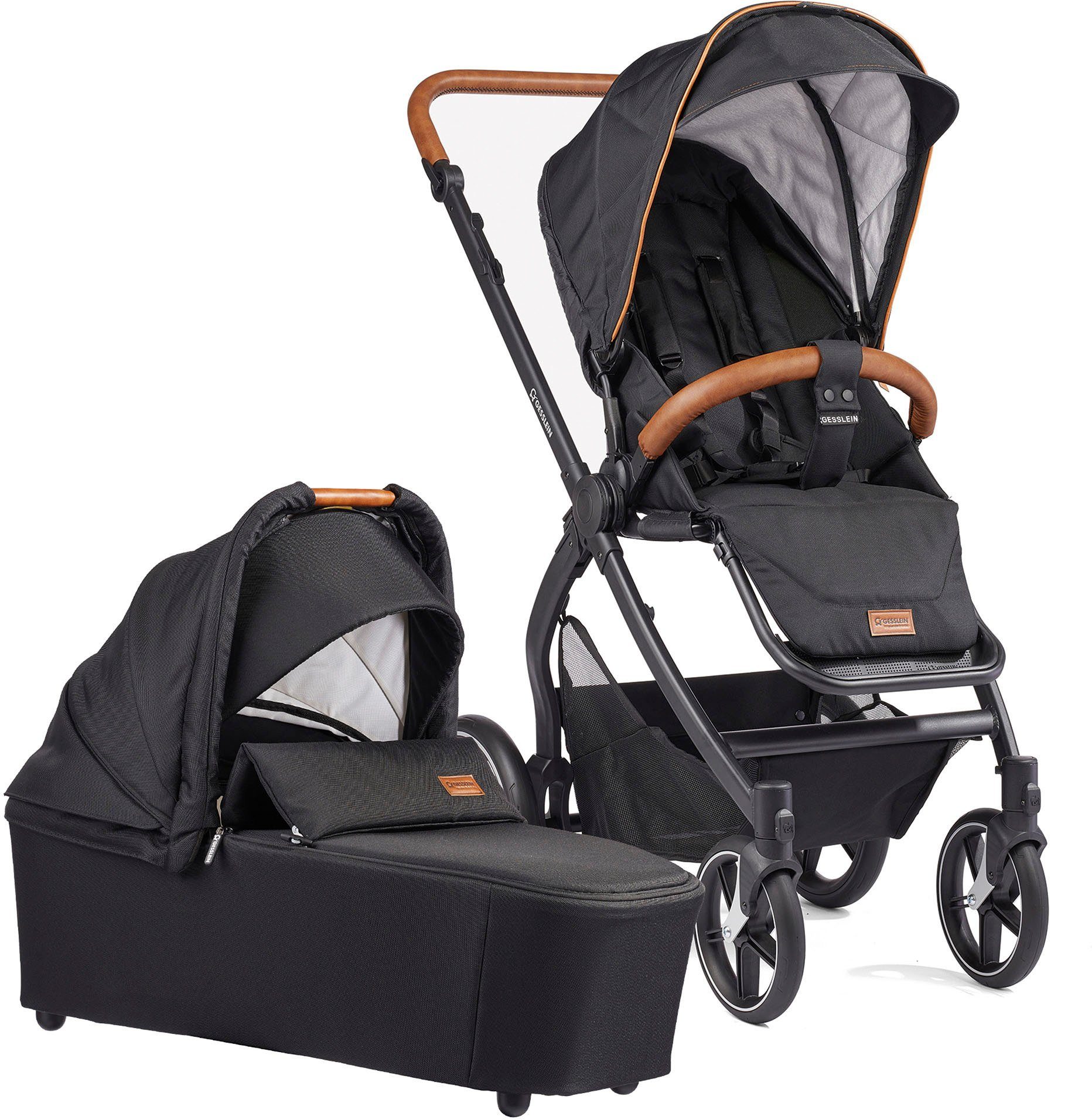 Gesslein Kombi-Kinderwagen FX4 Soft+ mit Aufsatz Style, schwarz/cognac, mit Babywanne C3 und Babyschalenadapter