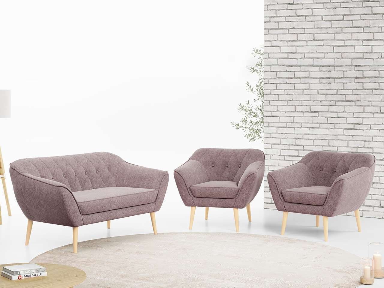 MKS MÖBEL Sofa PIRS 2 1 1, Moderne Sofa Set, Skandinavische Deko, Pirs Loungesofa und Zwei Sessels Rosa Matana