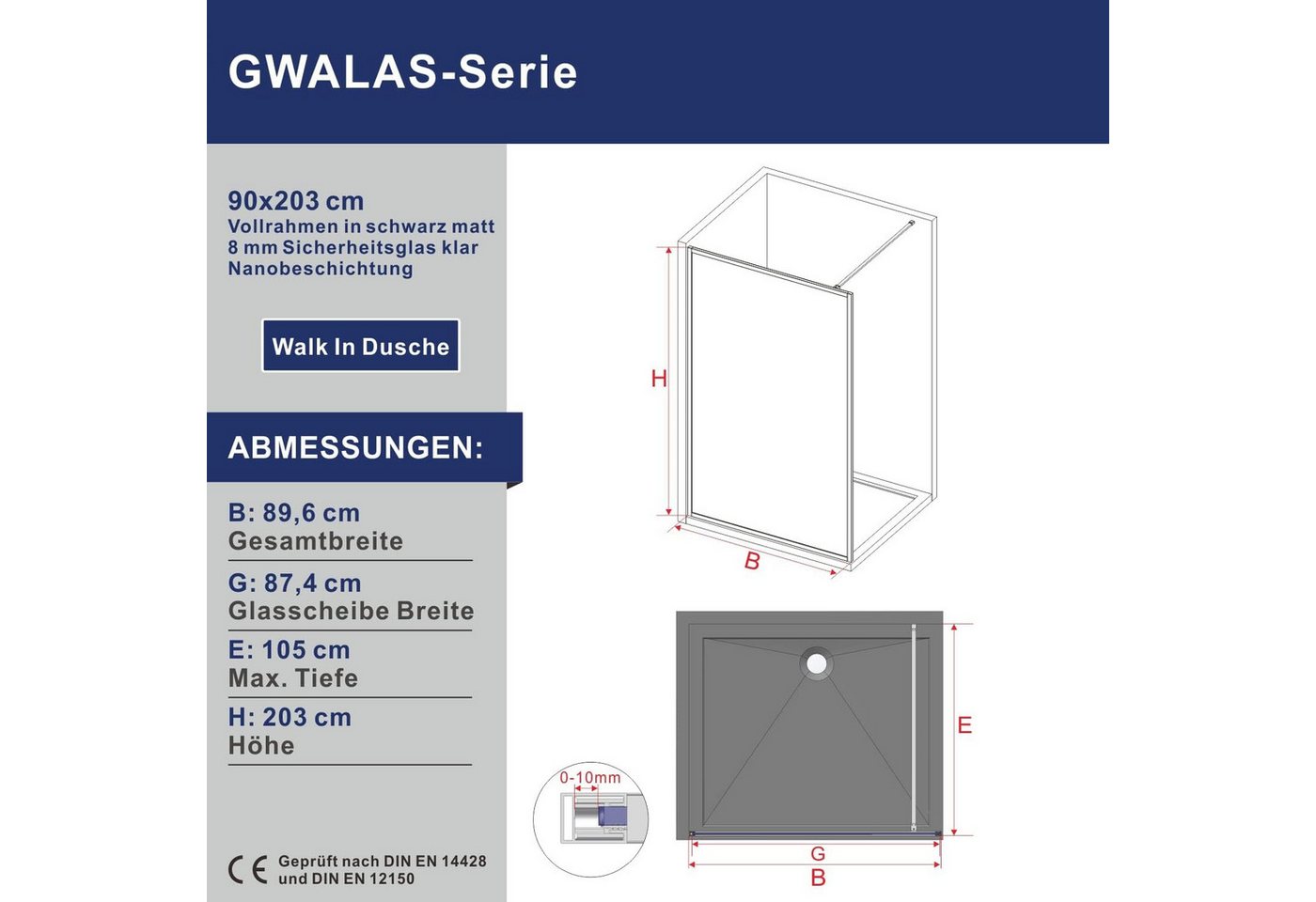 Thumbnail - AQUABATOS Duschwand Duschtrennwand Duschabtrennung Walk-In Dusche Glas Trennwand, Breite 80 90 100 110 120 cm
