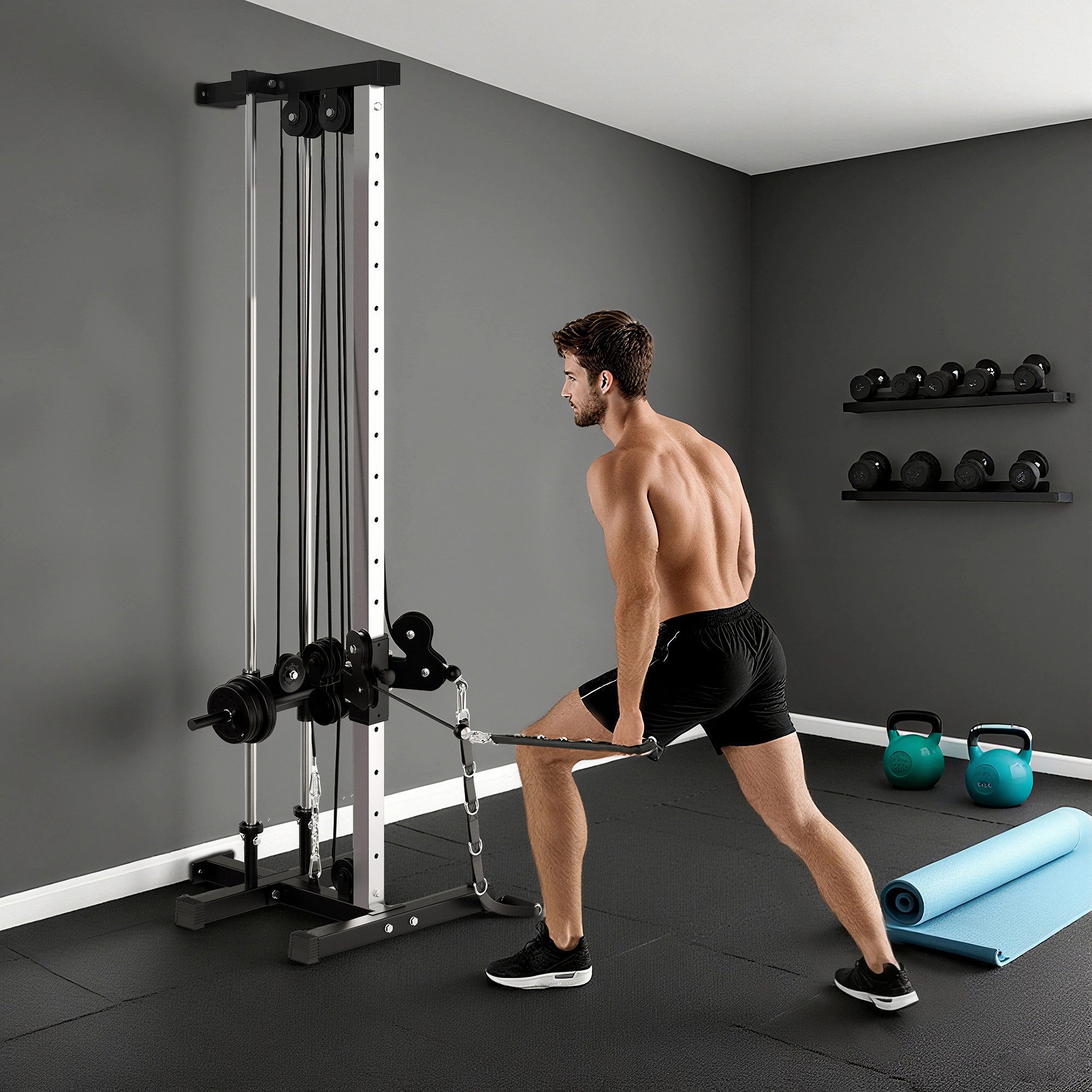 SPORTNOW Kraftstation mit Dual-Pulley-Systemen, Adaptern, 6 Gewichtsblöcke (Kraftturm, 1-tlg., Rücken- und Armtrainingsgerät), max. 120 kg, für Heimtraining 62 x 60 x 200 cm Schwarz