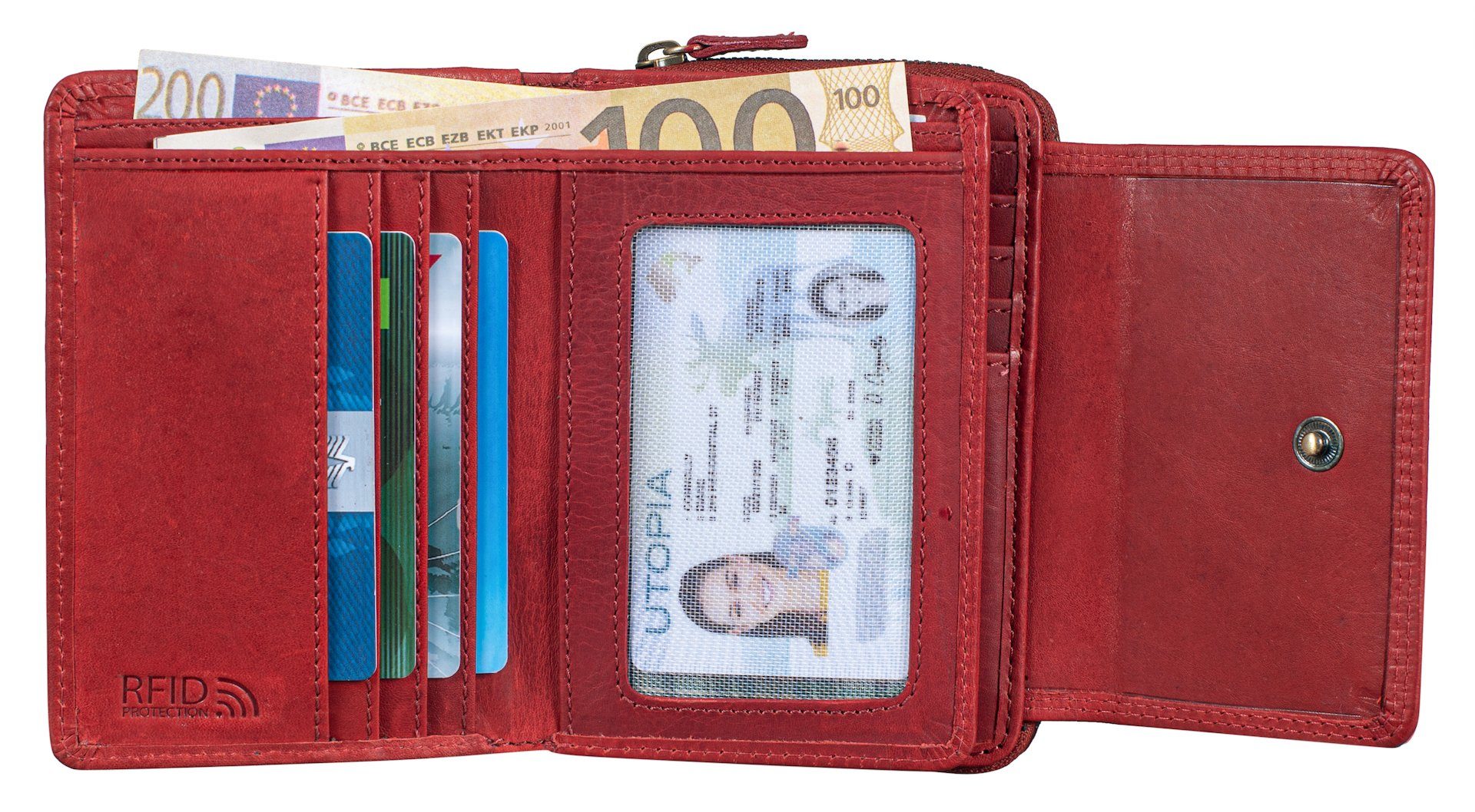 Benthill Geldbörse Damen Leder Geldbeutel Portemonnaie Echt Kartenfächer Münzfach 14 Rot Kartenfächer Reißverschlussfach RFID RFID-Schutz Frauen