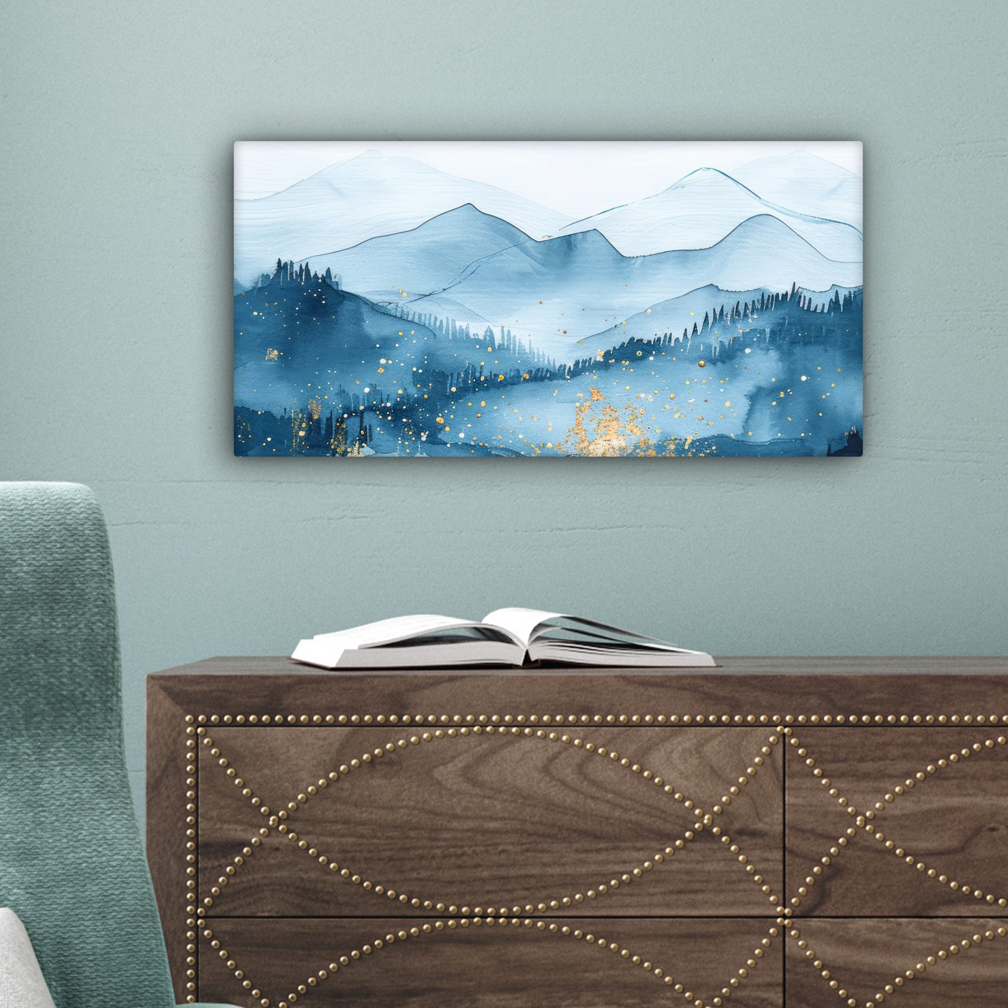 OneMillionCanvasses® Leinwandbild Panorama Landschaft - Blau - Modern - Gold - Abstrakt, Fotodruck (1 St), Wandbild, Deko Schlafzimmer Wohnzimmer Flur 40x20 cm