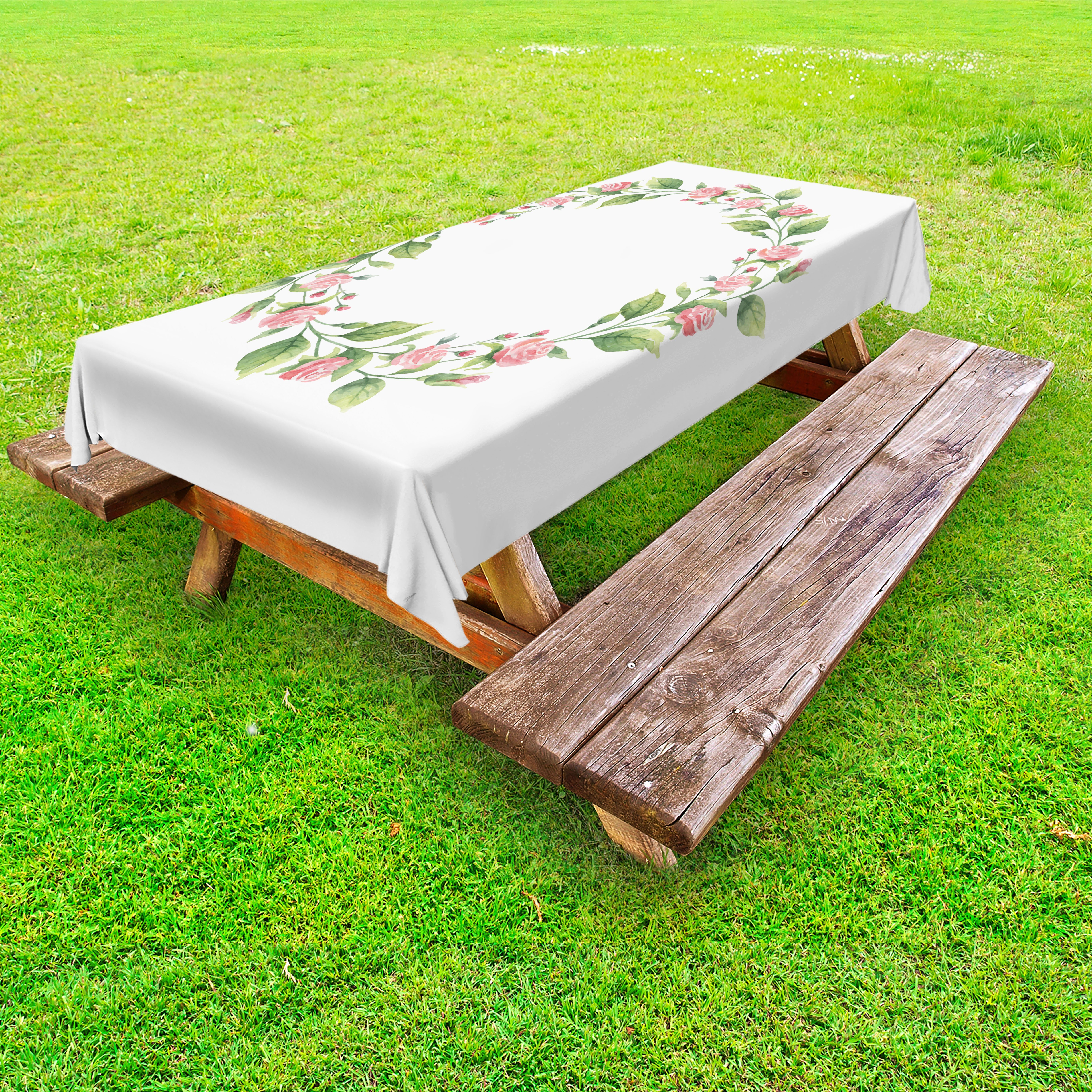 Abakuhaus Picknick-Tischdecke, Aquarell-Stil Sommer-Rosa dekorative waschbare Kranz Tischdecke