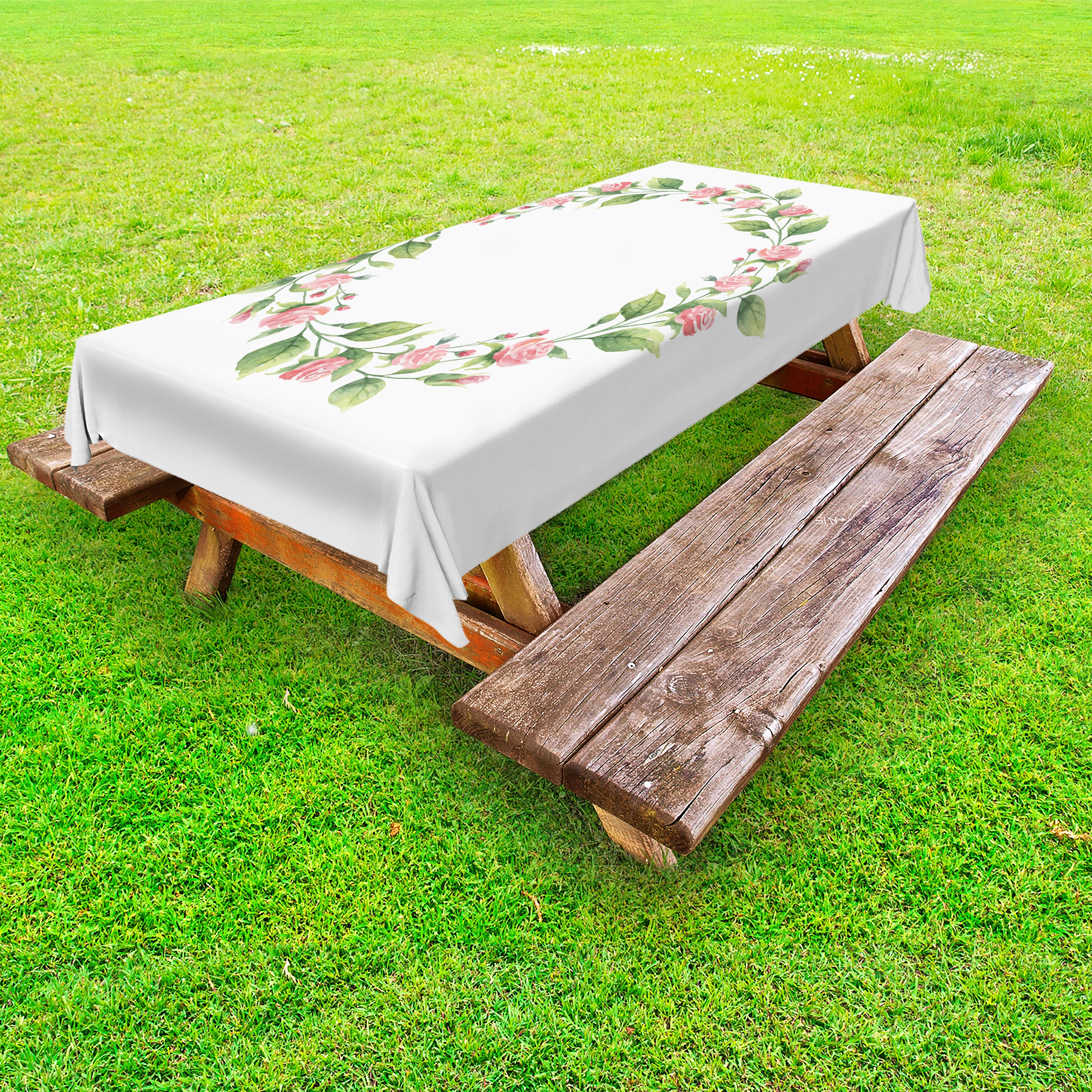 Abakuhaus Tischdecke dekorative waschbare Picknick-Tischdecke, Sommer-Rosa Aquarell-Stil Kranz