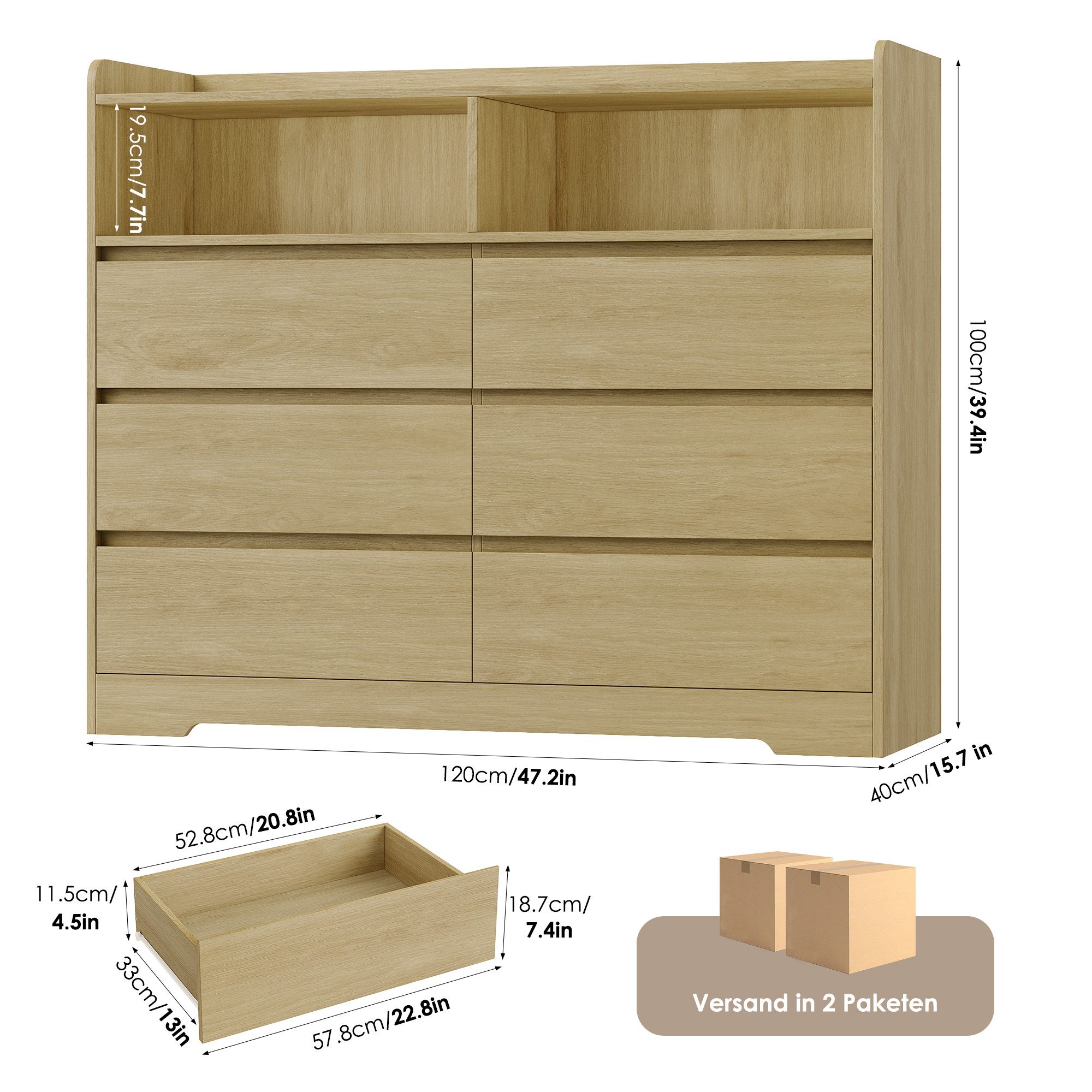 Homfa Kommode Sideboard Komodenschrank, mit 6 Schubladen und 2 offenen Fächern, Breite 120cm Höhe 100cm