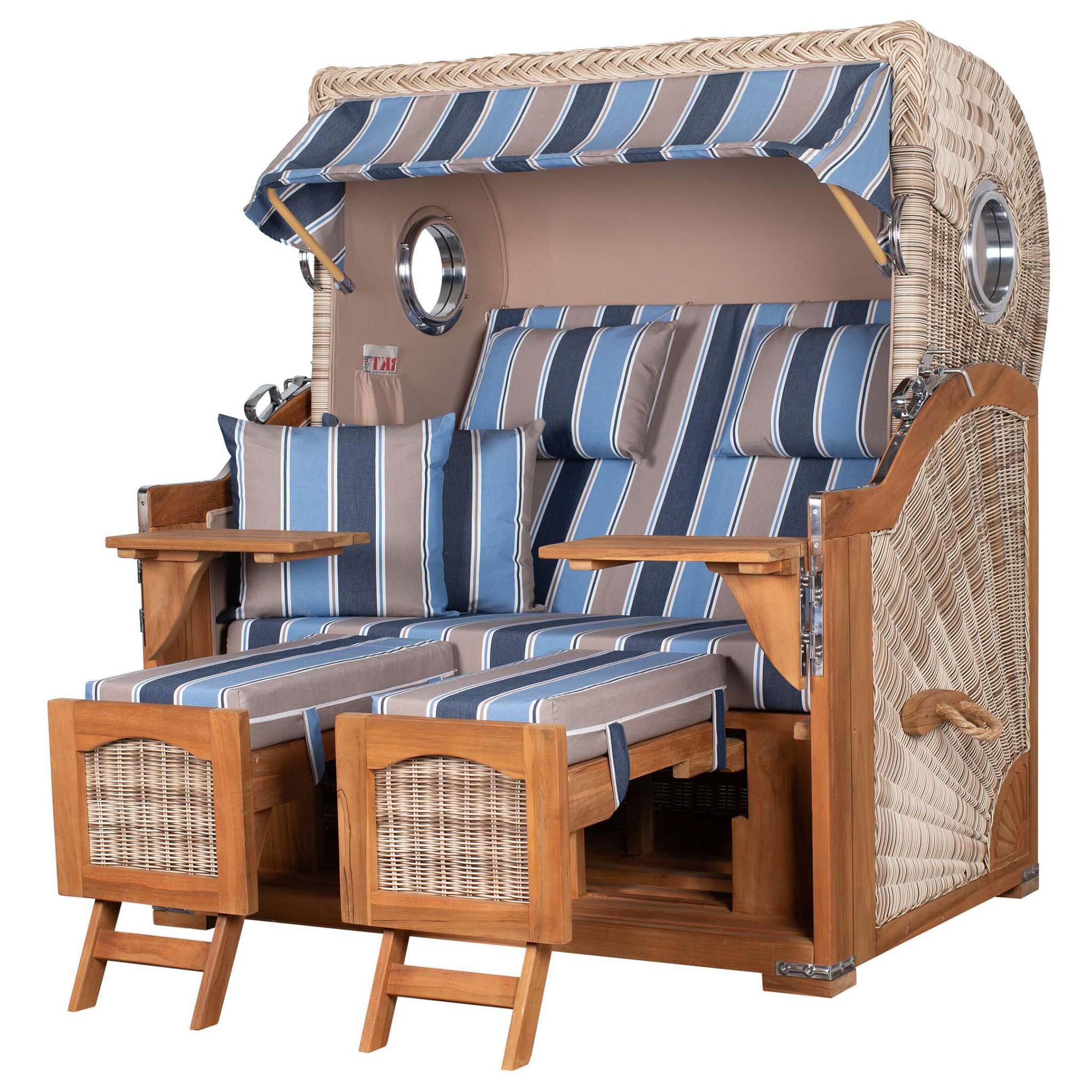 bene living Strandkorb Ammersee Grande XL 2,5-Sitzer Teak - PE shell - Modell 580, BxTxH: 142x95x165 cm, Volllieger, Ostsee-Strandkorb, (Strandkorb-Komplettset, 5-tlg., Strandkorb inkl. Liftersystem und umfangreichem Zubehör), mit Windschutzfolie, Bistrotischen und bequemer Polsterung