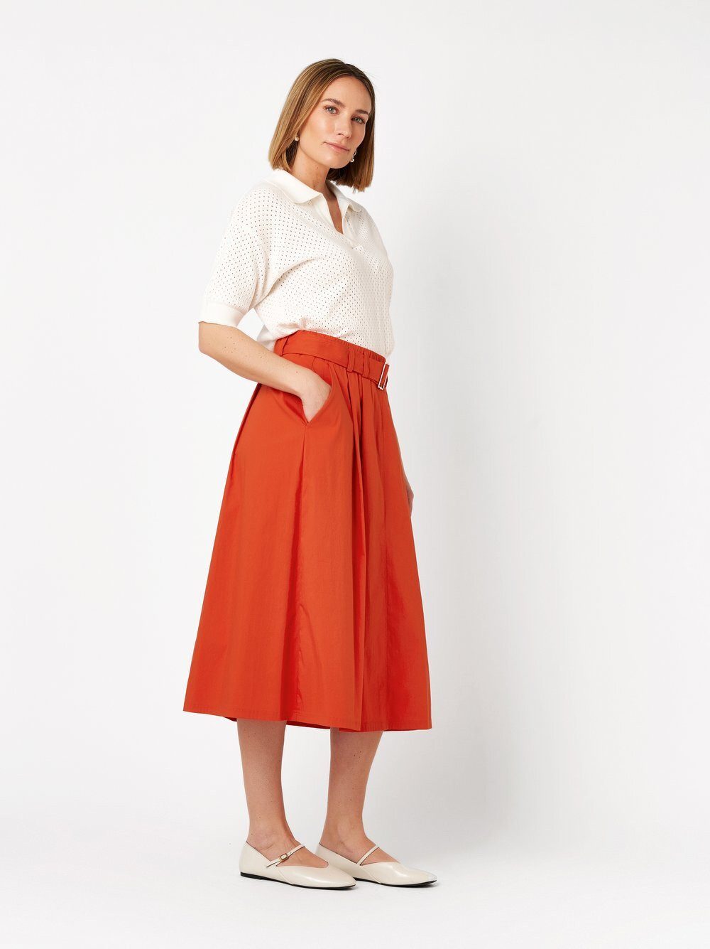 TONI Sommerrock Midi Skirt mit Bundfalten und Gürtel