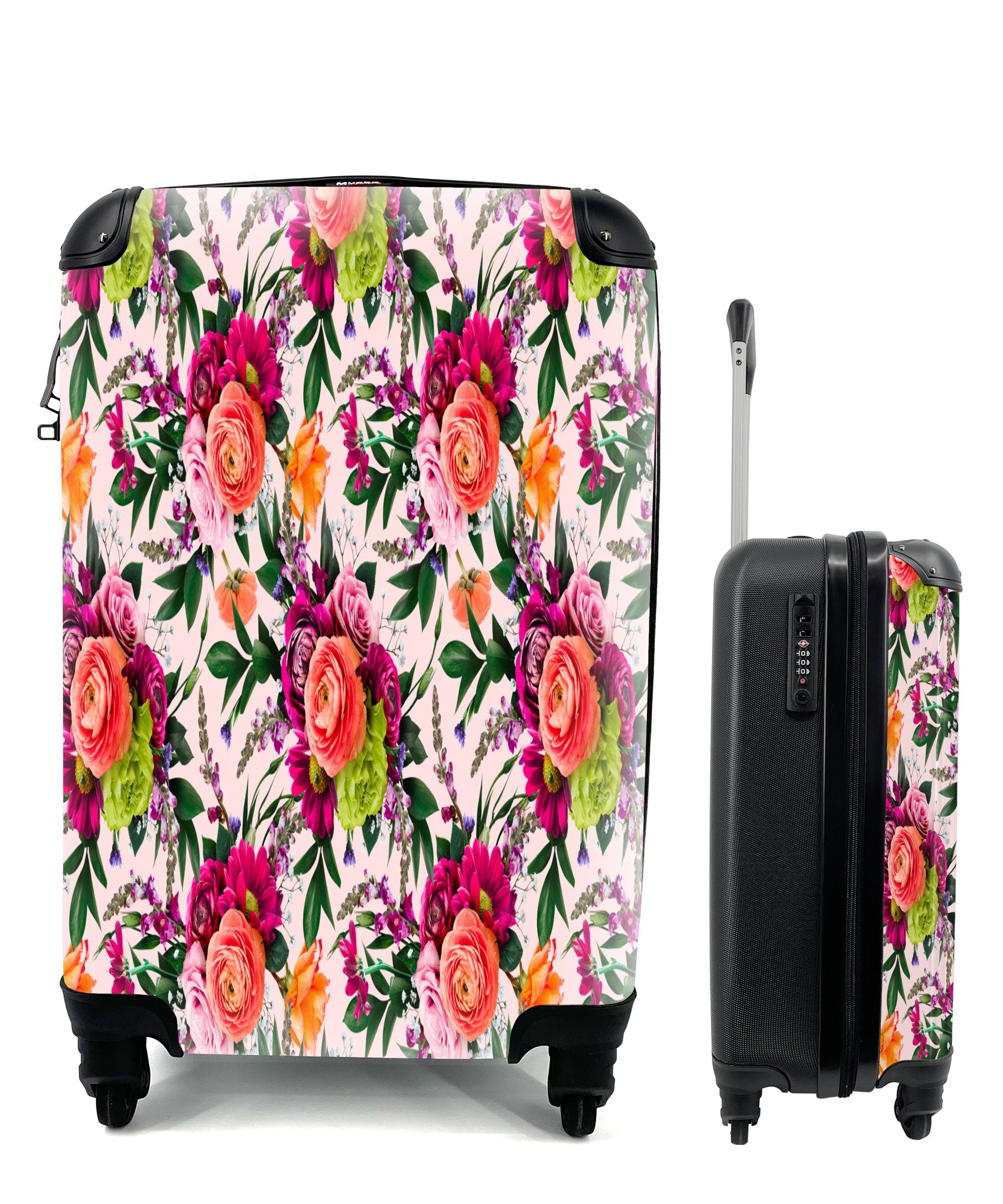 MuchoWow Handgepäckkoffer Ferien, - Reisekoffer Reisetasche Handgepäck rollen, Blumen Muster mit - für Rollen, Farben, 4 Trolley