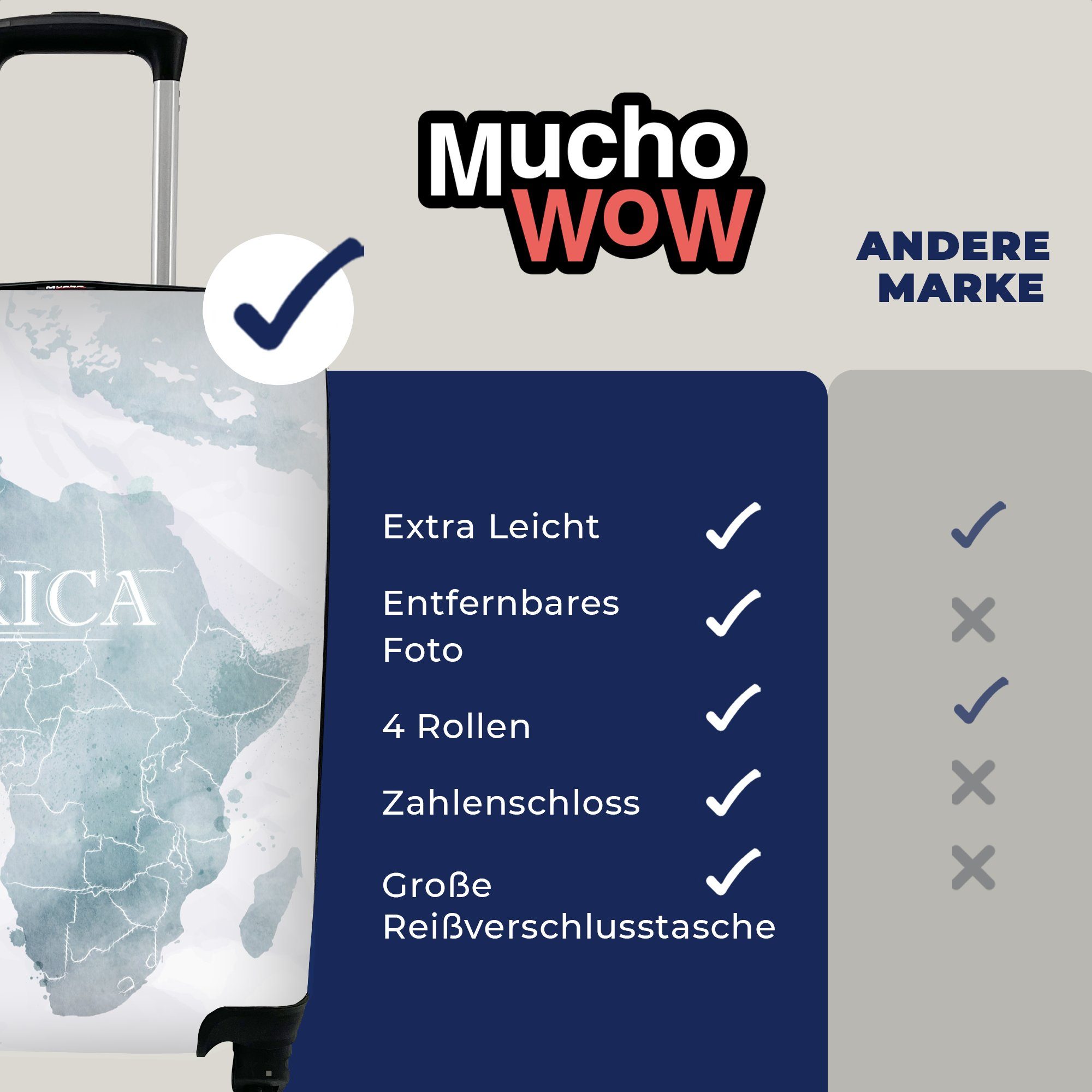 MuchoWow Handgepäckkoffer Weltkarte Handgepäck - mit rollen, Blau, Reisetasche für Reisekoffer - Ferien, Afrika Rollen, 4 Trolley