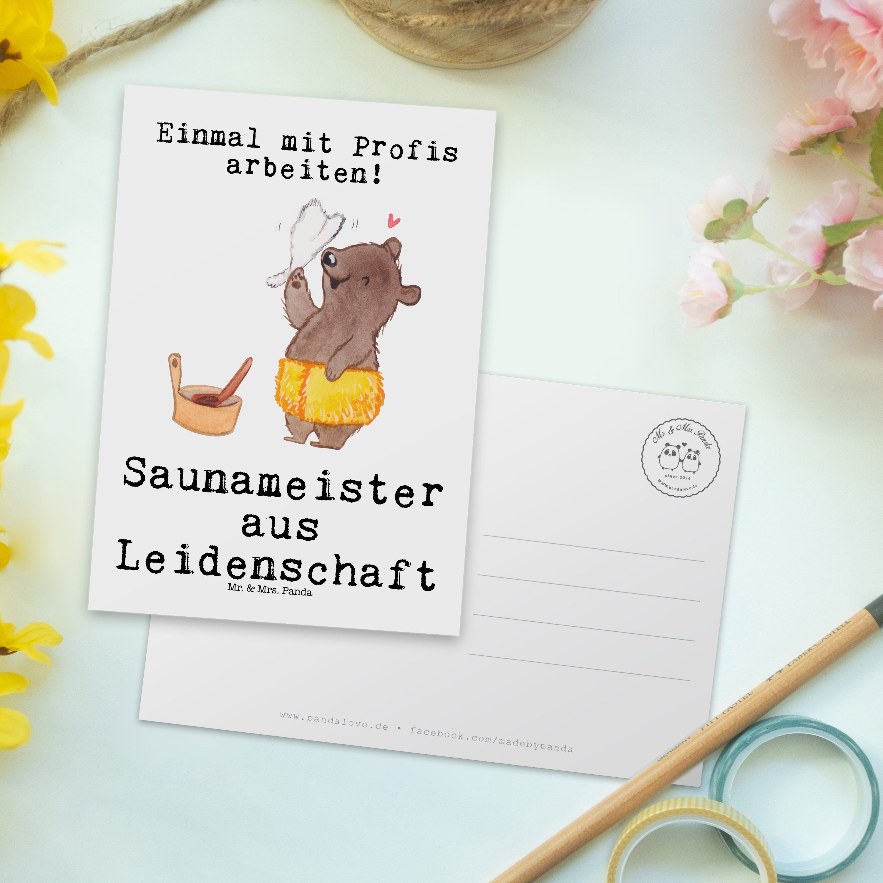 Mr. & Panda - Leidenschaft aus Postkarte Grußk Saunameister Geschenkkarte, Weiß Geschenk, - Mrs