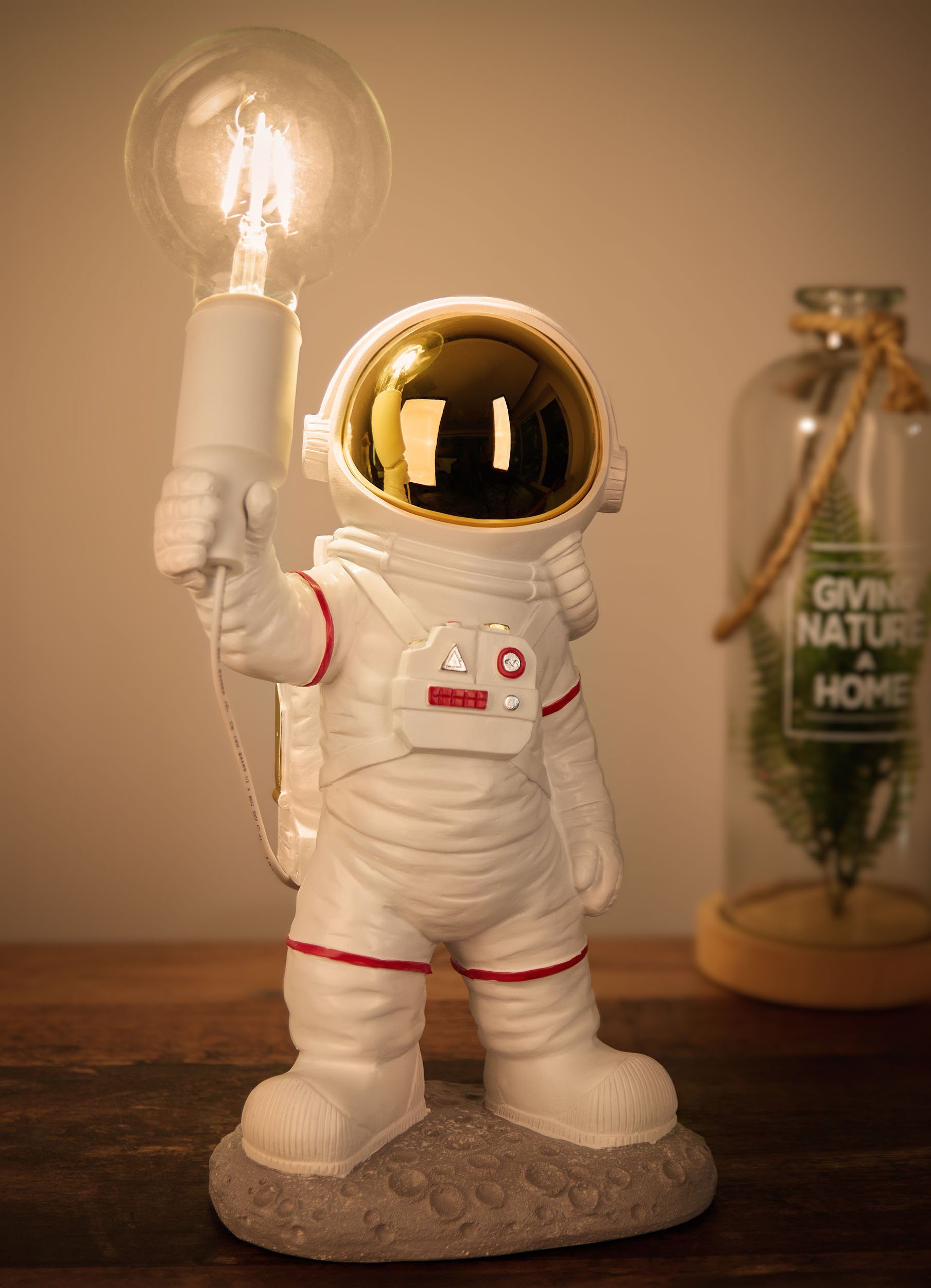 BRUBAKER Nachttischlampe Astronauten Tischlampe - 40 cm Weltraum Nachttischlampe, mit E27 Fassung und USB-C Stecker, ohne Leuchtmittel, Handbemalte Raumfahrt Dekofigur Statue - Weiß