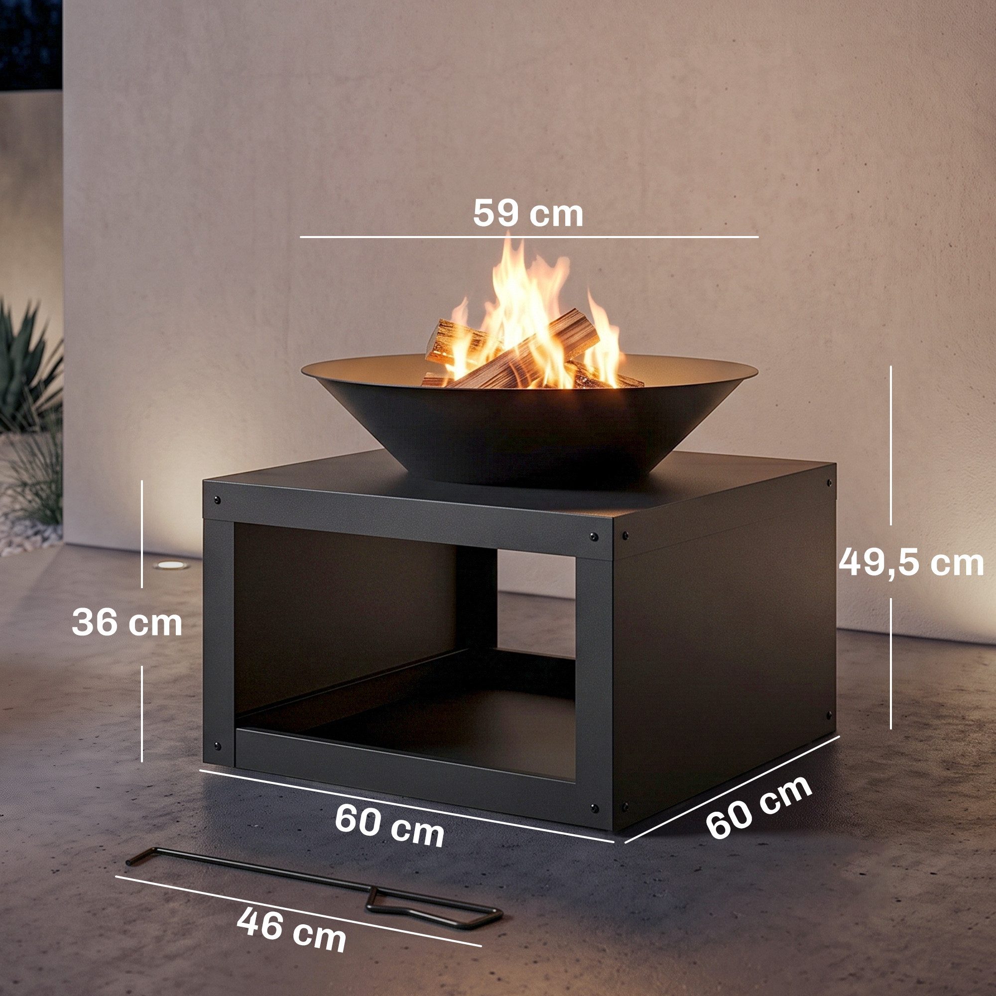 Outsunny Feuerschale Ø59 cm Feuerstelle mit Holzablage, Schürhaken Holz & Kohle nutzbar, (Set, 1-St., Outdoor Feuerkorb), für Garten Terrasse Schwarz