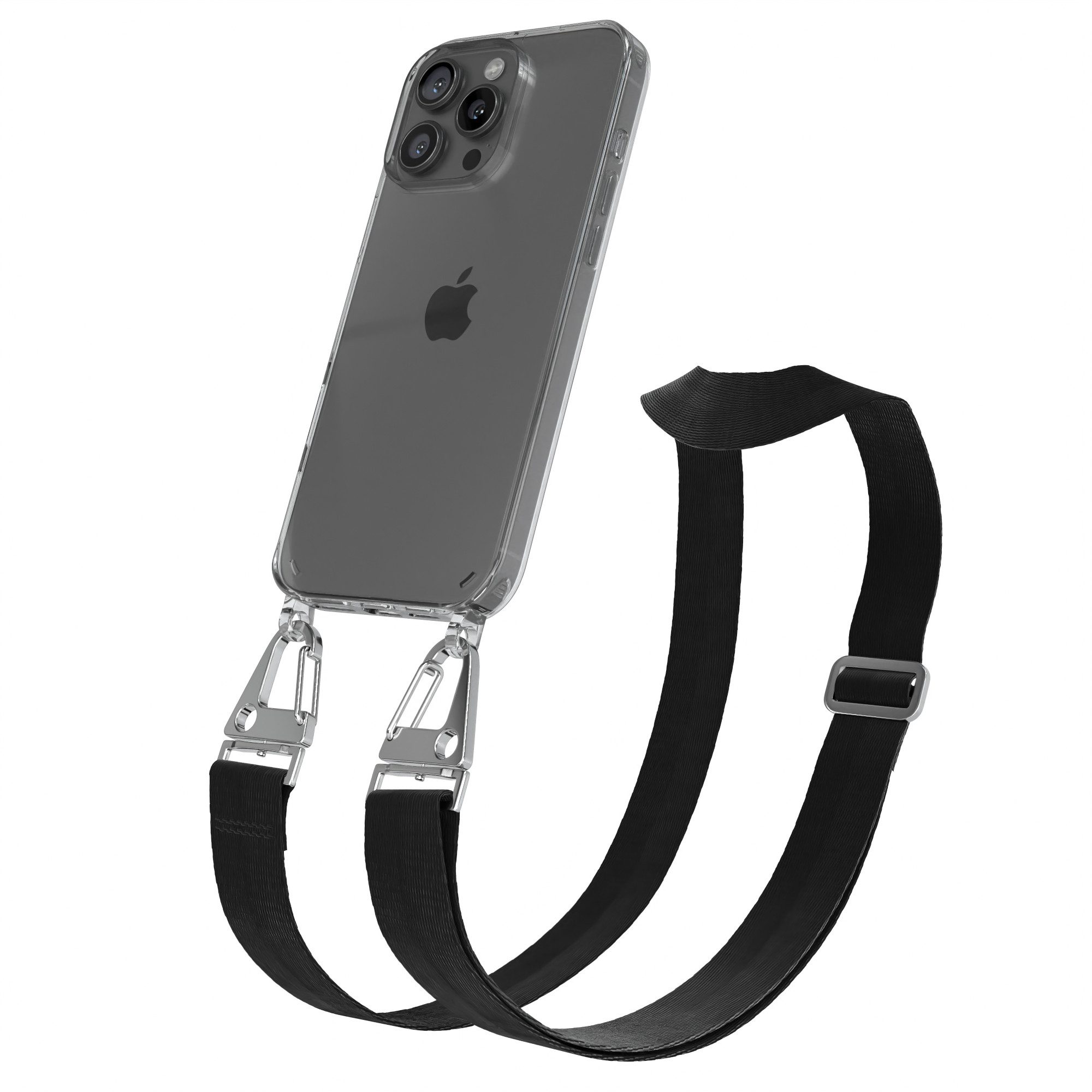 EAZY CASE Handykette Silikon Kette Karabiner für iPhone 16 Pro Max 6,9 Zoll, Schutzhülle zum Umhängen Handyhülle mit Umhängeband Schwarz Silber