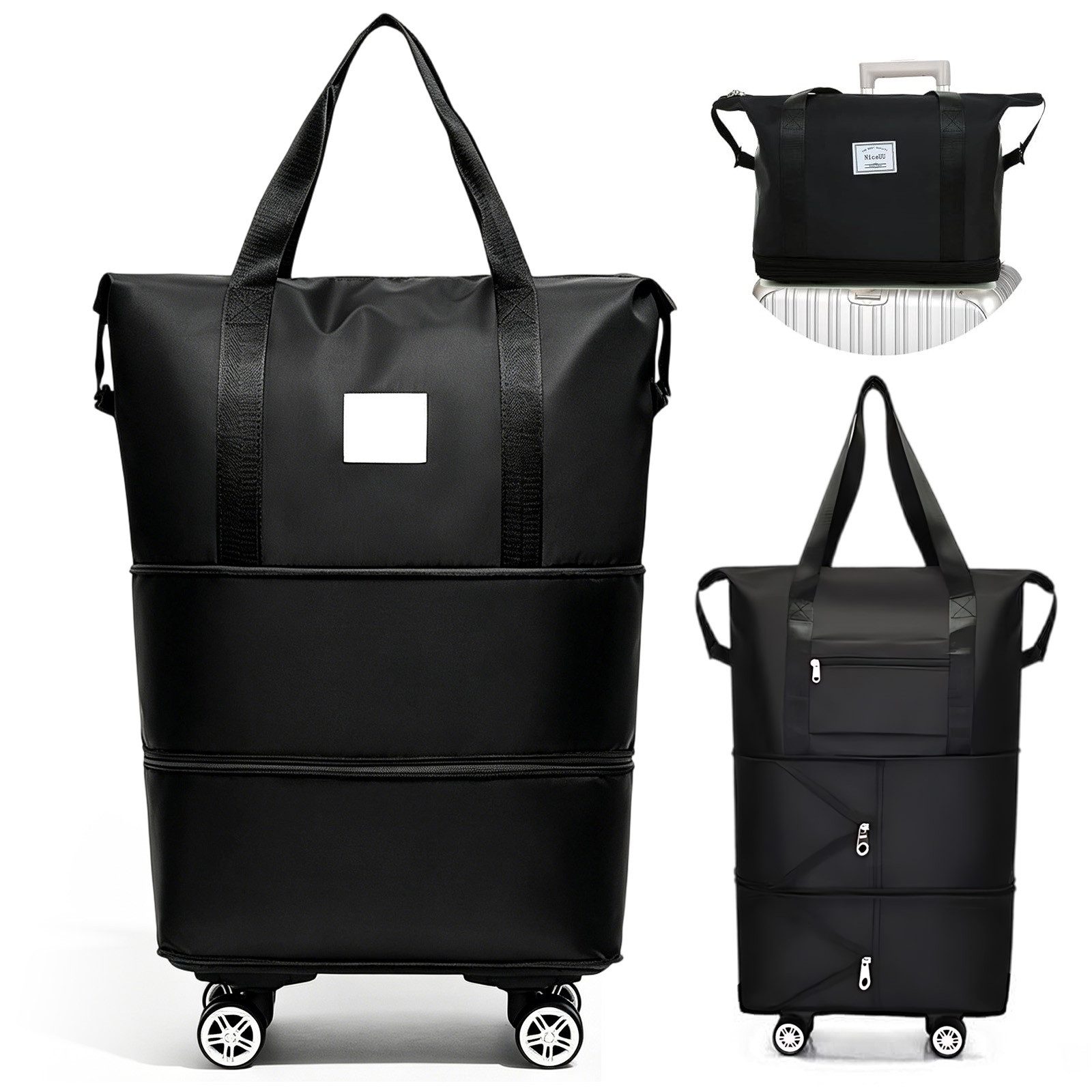 AKKEE Reisetasche Erweiterbare Gepäcktasche wasserabweisend mit 4 Rollen, Faltbare Duffle-Tasche, 26-54L