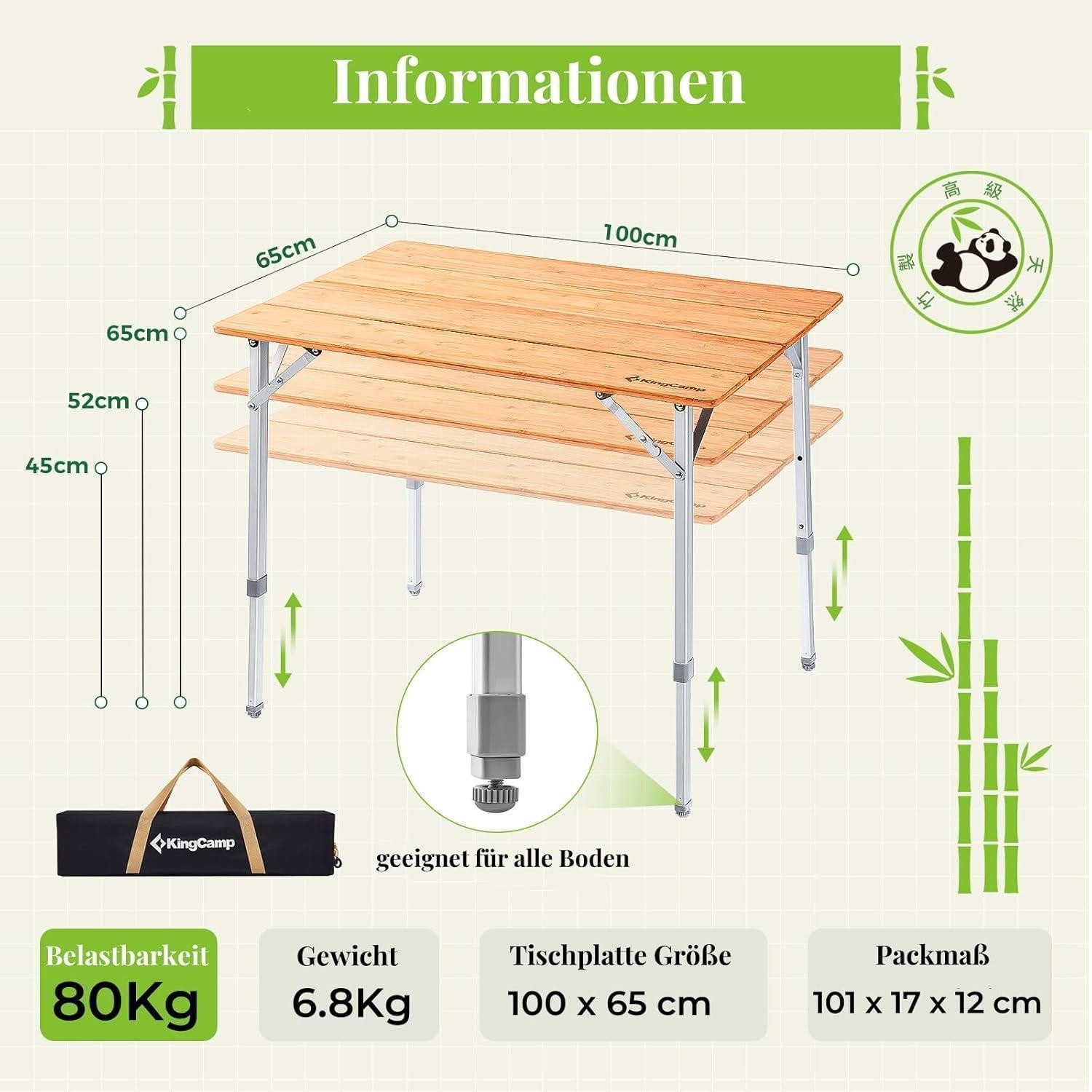 LuxusKollektion Campingtisch Campingtisch Bambus klappbar höhenverstellbar 3 Höhen - 100x65cm