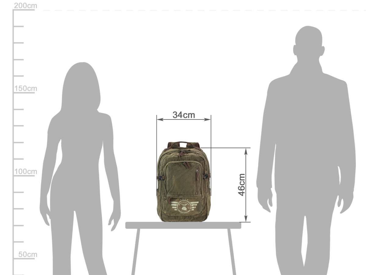 Greenburry Tagesrucksack "Aviator" Harvard 34x46cm Canvas khaki, mit Notebookfach, rustikaler Vintagestil