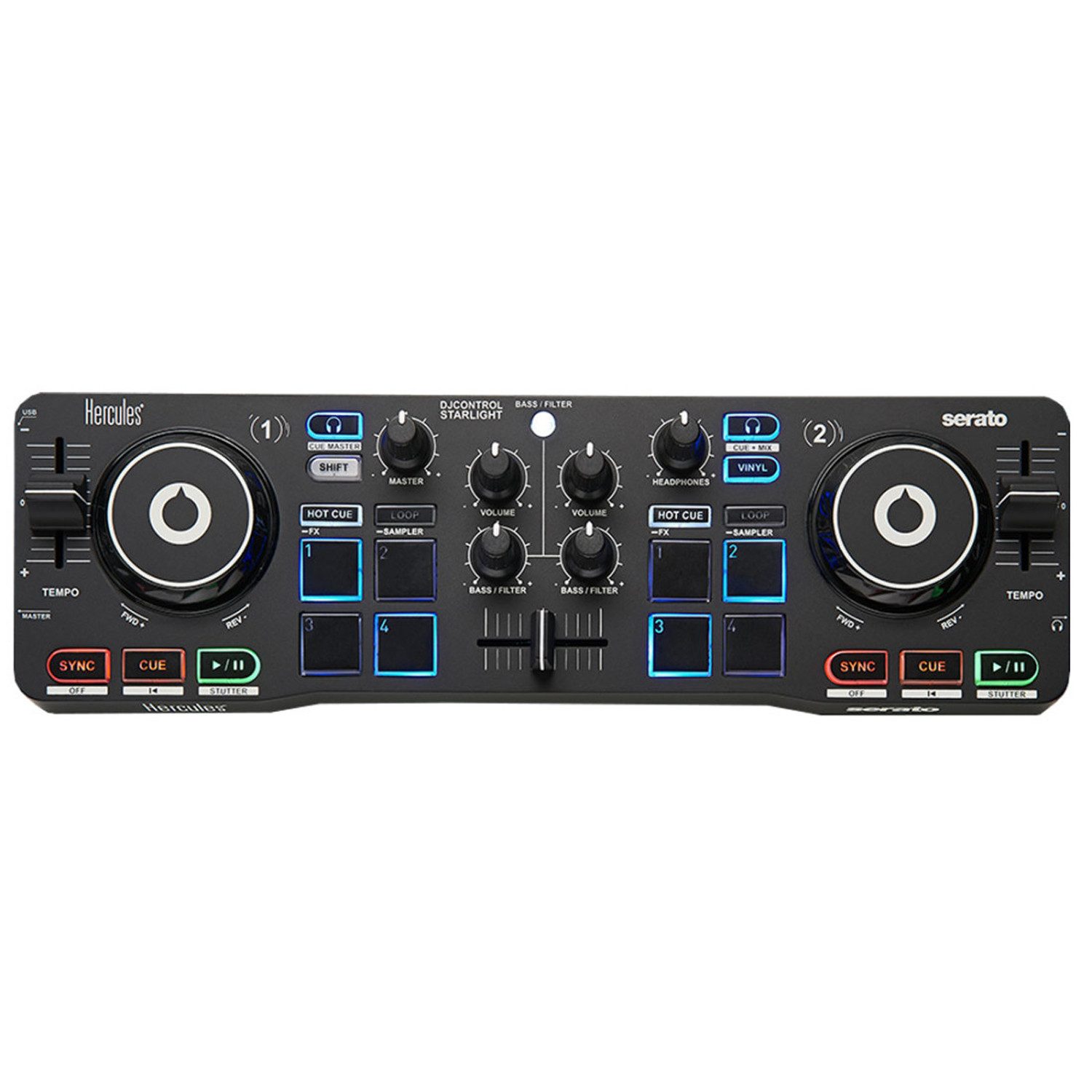 HERCULES DJ Controller Hercules DJ Control Starlight + Bonus In-Ear Kopfhörer, (Mit Serato DJ-Lite Software), Mit Serato DJ-Lite Software