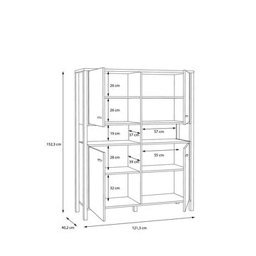 möbelando Aktenschrank Hialeah Schrank im Industrial-Design aus Spanplatte in Riviera Eiche Nachbildung, Gestell in Schwarz mit 4 Holztüren, 4 Einlegeböden und 2 offenen Fächern. Breite 121,3 cm, Höhe 152,3 cm, Tiefe 40,2 cm