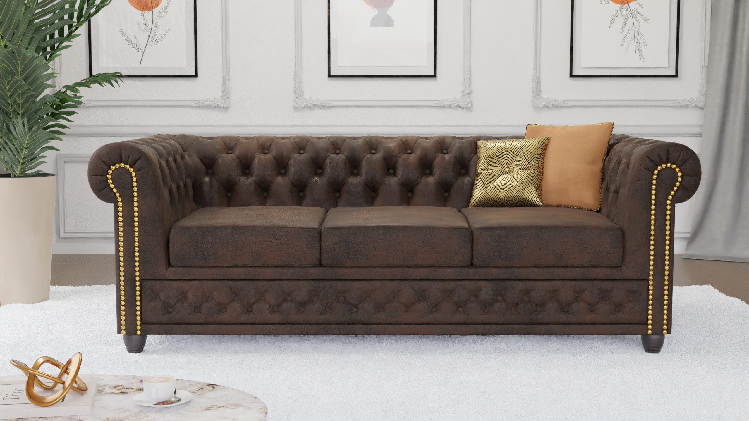 S-Style Möbel Chesterfield-Sofa Anton 3-Sitzer Sofa aus Vintage Optik Microfaser mit Holzfüßen, 1x 3-Sitzer-Sofa, mit Wellenfederung