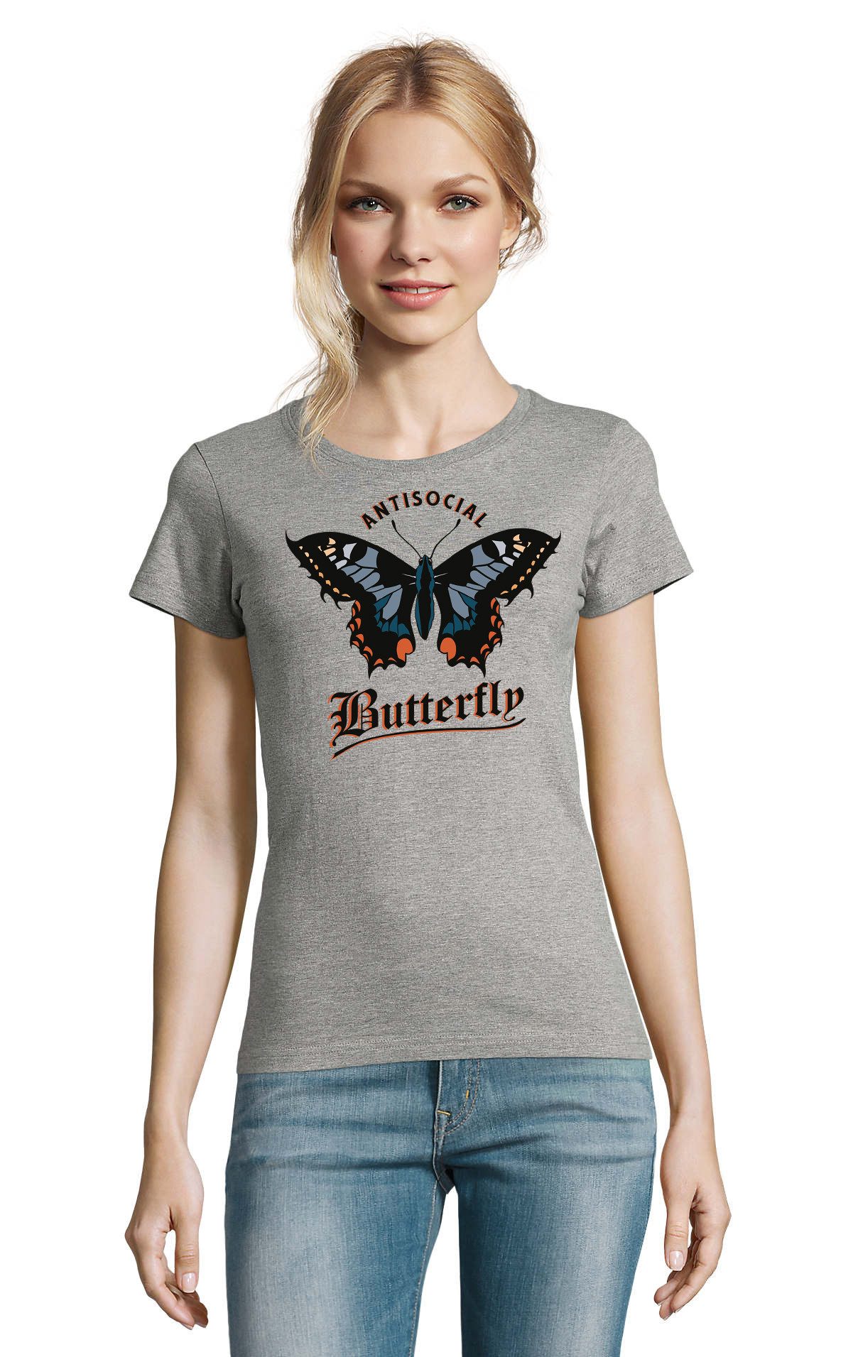 T-Shirt Süßes Schmetterling Butterfly Natur Antisocial Damen Shirt Motiv