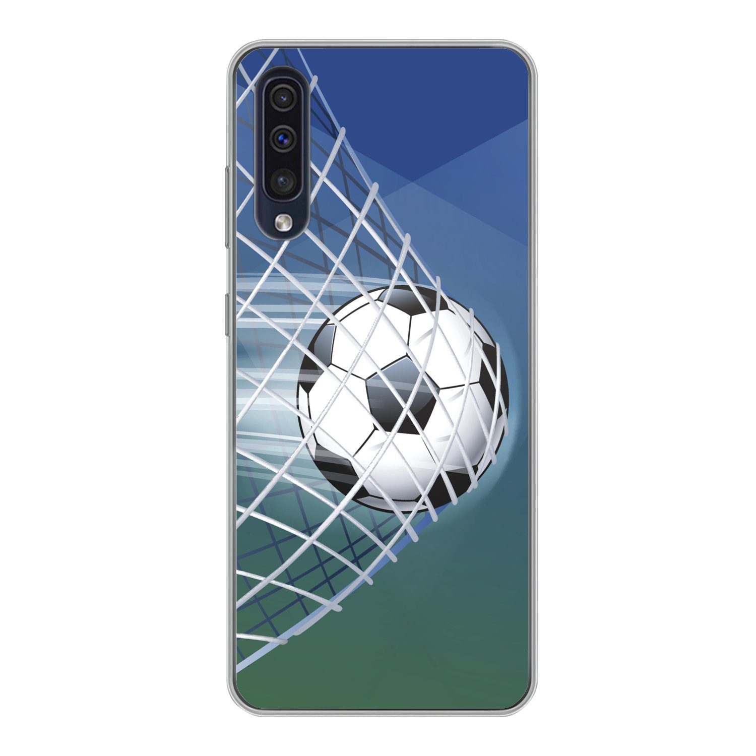 MuchoWow Handyhülle für Samsung Galaxy A30s Eine Illustration eines Fußballs im Netz - Jun, Smartphone-Bumper, Print, Handy Schutzhülle Dünn