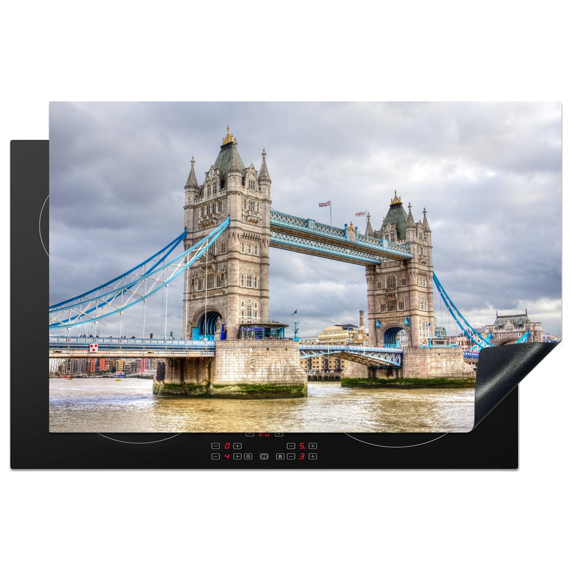 MuchoWow Herdblende-/Abdeckplatte Blick auf die Tower Bridge in London, Vinyl, (1 tlg), 81x52 cm, Induktionskochfeld Schutz für die küche, Ceranfeldabdeckung