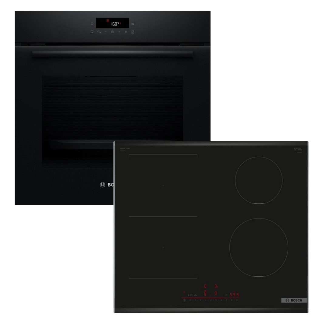 BOSCH Backofen-Set Backofen Pyrolyse 3DHeißluft + Induktionskochfeld PowerBoost CombiZone, mit Nein, Pyrolyse-Selbstreinigung Hydrolyse