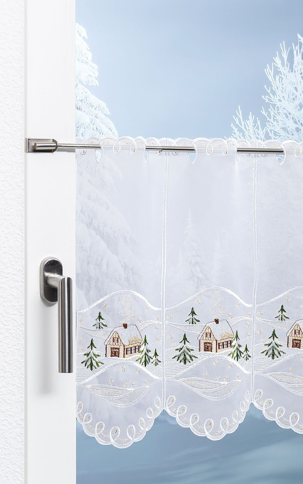 Plauener Spitze® Scheibengardine Weihnachtshaus (1 St), halbtransparent, HxB 45x48.6cm