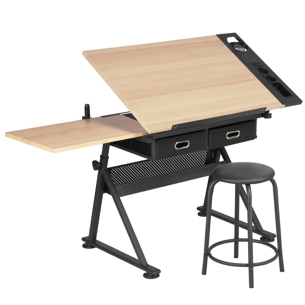 Yaheetech Zeichentisch, Architektentisch mit Verstellbarer Tischplatte holzfarbe | Schreibtische