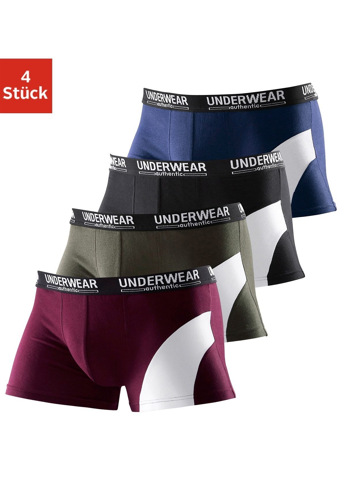 AUTHENTIC UNDERWEAR Boxer (Packung, 4-St) mit kontrastfarbenen Einsatz marine, schwarz, olivgrün, bordeaux | Boxer anliegend