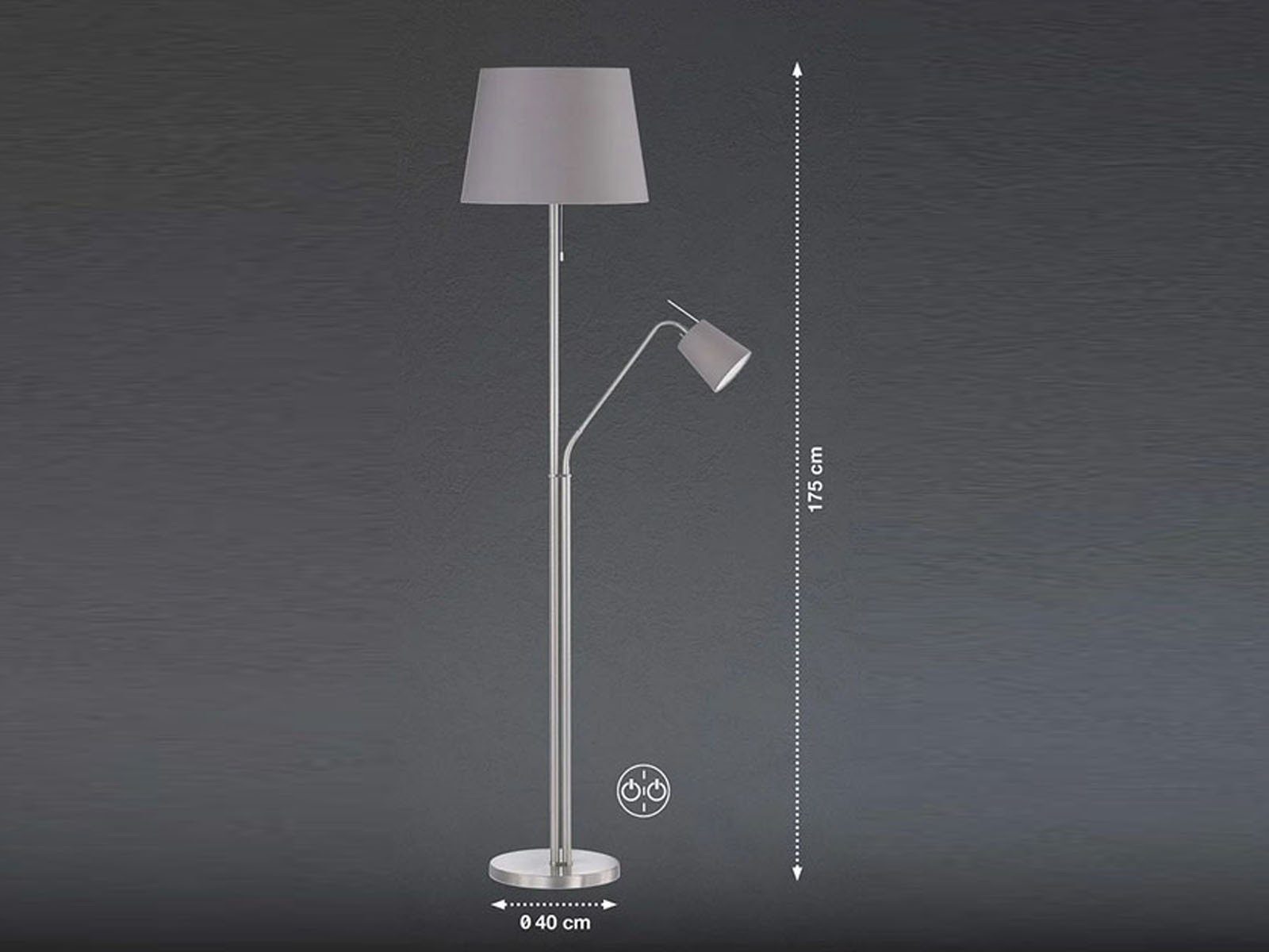 Stehlampe, Große Designklassiker H: mit Lesearm, LED Grau, meineWunschleuchte Wamweiß, wechselbar, 175cm LED Leselampe Lampen-schirm Stoff