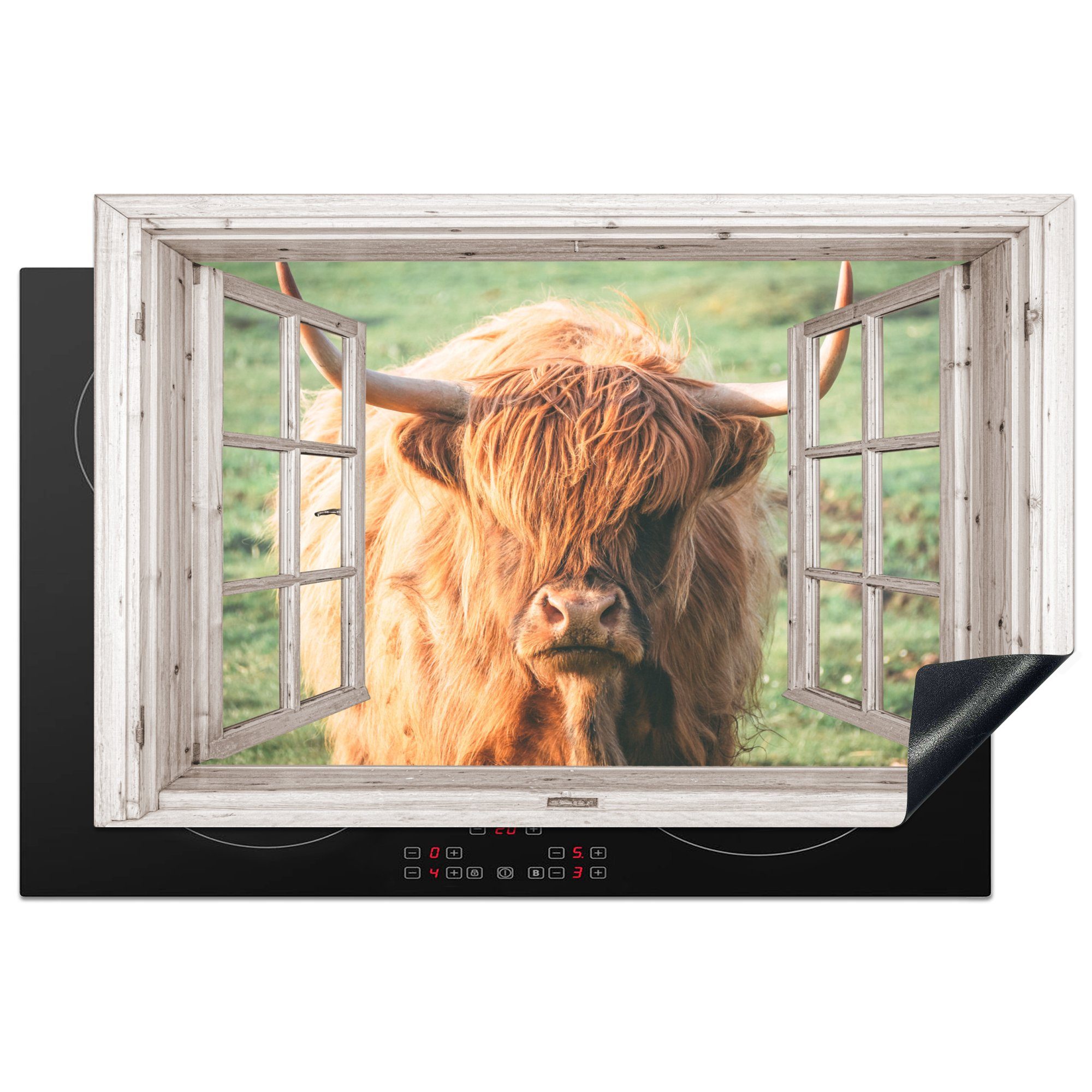 MuchoWow Herdblende-/Abdeckplatte Schottischer Highlander - Ansicht - Fenster - Tier, Vinyl, (1 tlg), 81x52 cm, Induktionskochfeld Schutz für die küche, Ceranfeldabdeckung