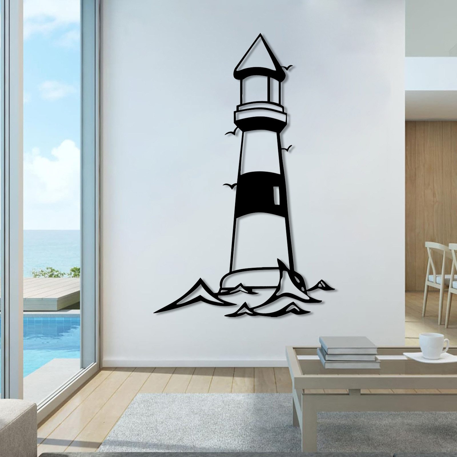 Jumpeak Wanddekoobjekt Leuchtturm-Wanddeko,Umgeben Möwen,Fliegen,Kunstvolle Linienführung, Metall,4 Farben,4 Maße,Maritimen Geschenke,Küstenflair,Für Wohnzimmer – Bild 5 von 5