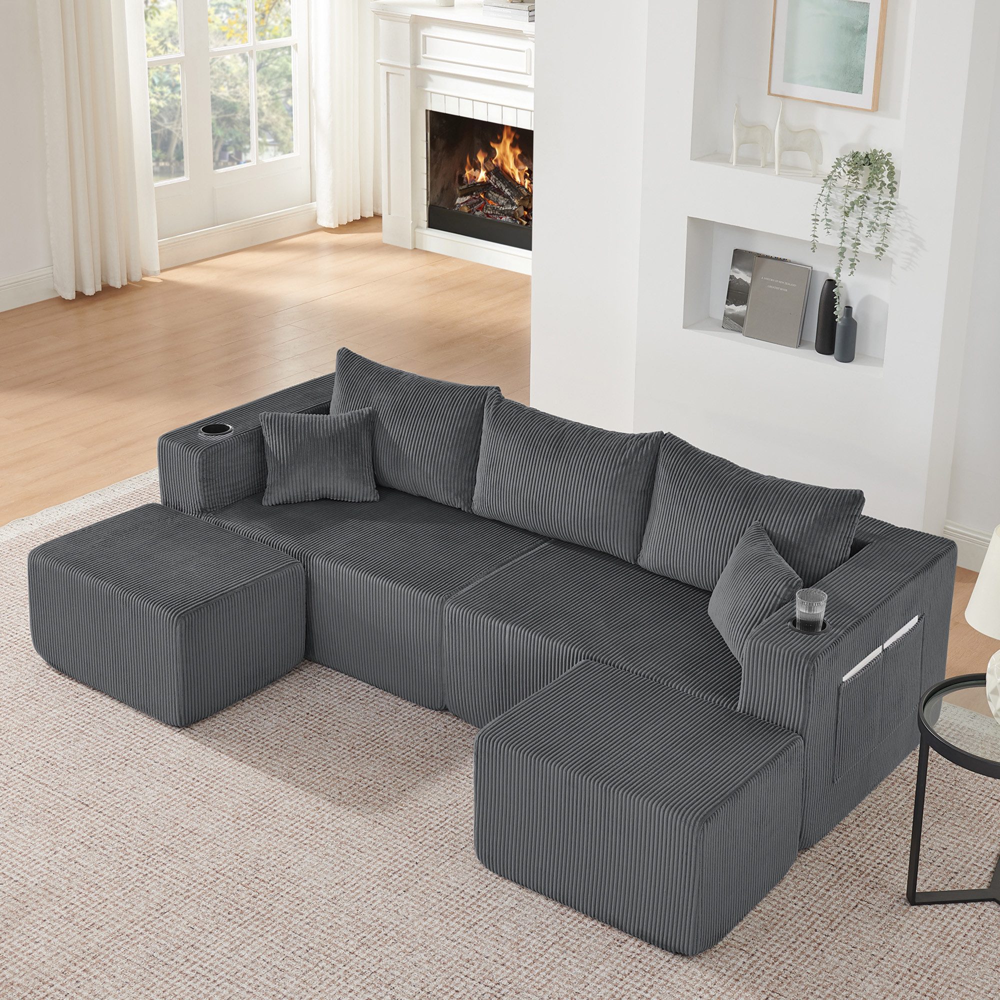 OKWISH Ecksofa Modulares 3-Sitzer Ecksofa mit beweglichen Ottomanen, Inklusive Kissen, Grau für Wohnzimmer & Hotels 1 Teile, Weicher Cordstoff, Getränkehalter & Seitentasche
