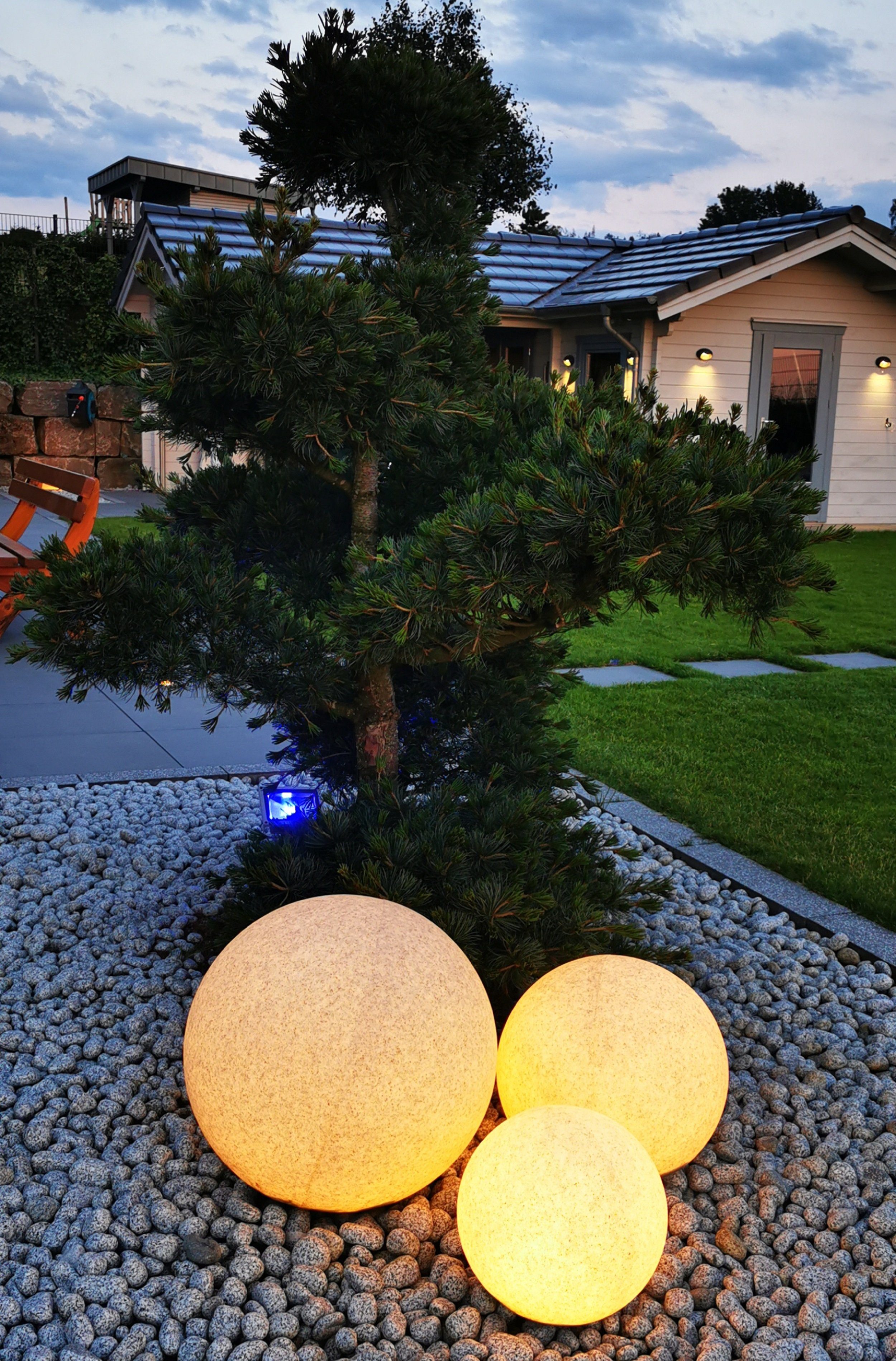 TRANGO LED Kugelleuchte, 3er Set 202530GB in 20/25/30cm Durchmesser IP65 LED Gartenkugel inkl. je 1x E27 LED Leuchtmittel & je ca. 5 Meter IP44 Kabel in Granitstein-Optik *NATURE*, Leuchtstein, Gartenleuchte, Leuchtkugel