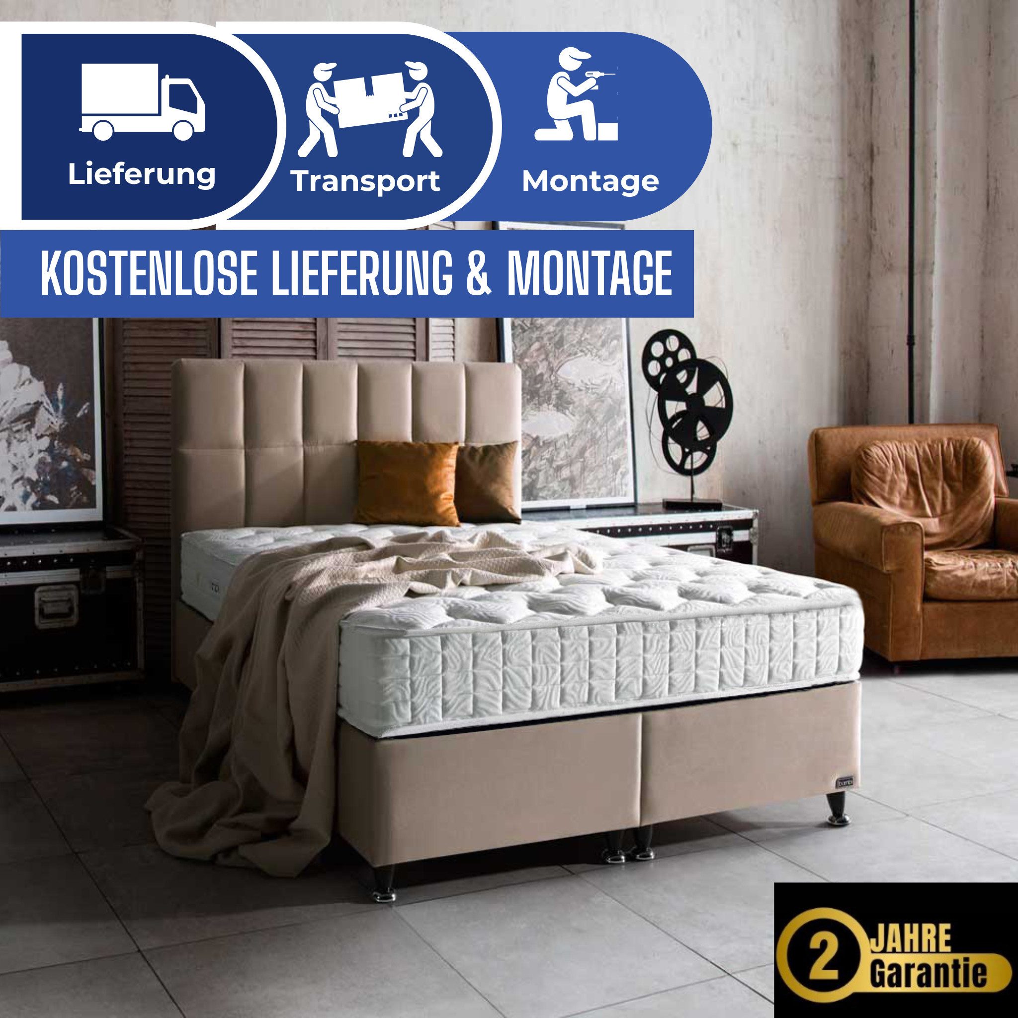 gowoll Boxspringbett Matratze Boxspringbett 180x200 - 90x200 (Doppelbett, Polsterbett mit Kopfteil ink. Matratze)