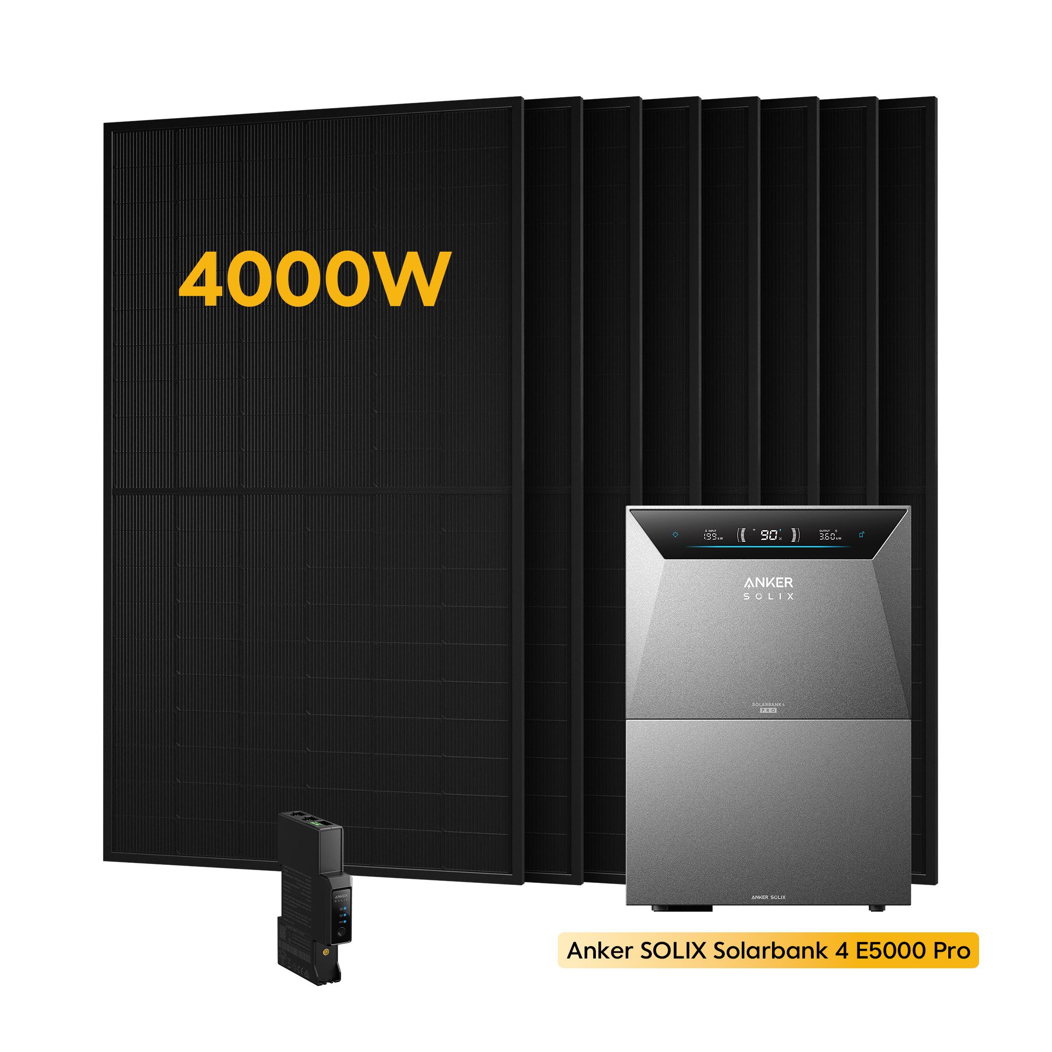 Anker Balkonkraftwerk 4000W Anker SOLIX Solarbank 4 E5000 Pro All-in-One Stromspeicher, (Optional: 1-5 × Anker BP5000 Erweiterungsakku, inkl. Anker Smart Meter Gen 2 und 8x Sunpro 500W Solarmodule), PV Speicher mit Notstromfunktion